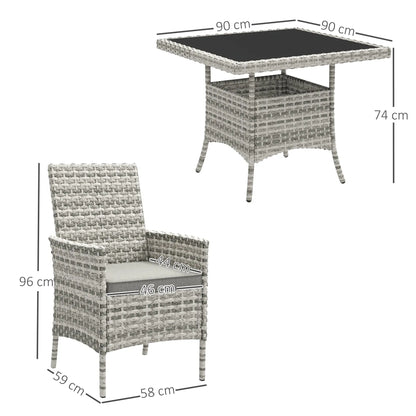 Outsunny Rattan Garden Furniture Set, Outdoor Dining Table and Chairs 4 Seater with Cushions, Square Tempered Glass Top, 4 Armchairs, for Balcony, Terrace, Conservatory, Mixed-Grey 