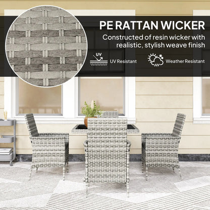 Outsunny Rattan Garden Furniture Set, Outdoor Dining Table and Chairs 4 Seater with Cushions, Square Tempered Glass Top, 4 Armchairs, for Balcony, Terrace, Conservatory, Mixed-Grey 