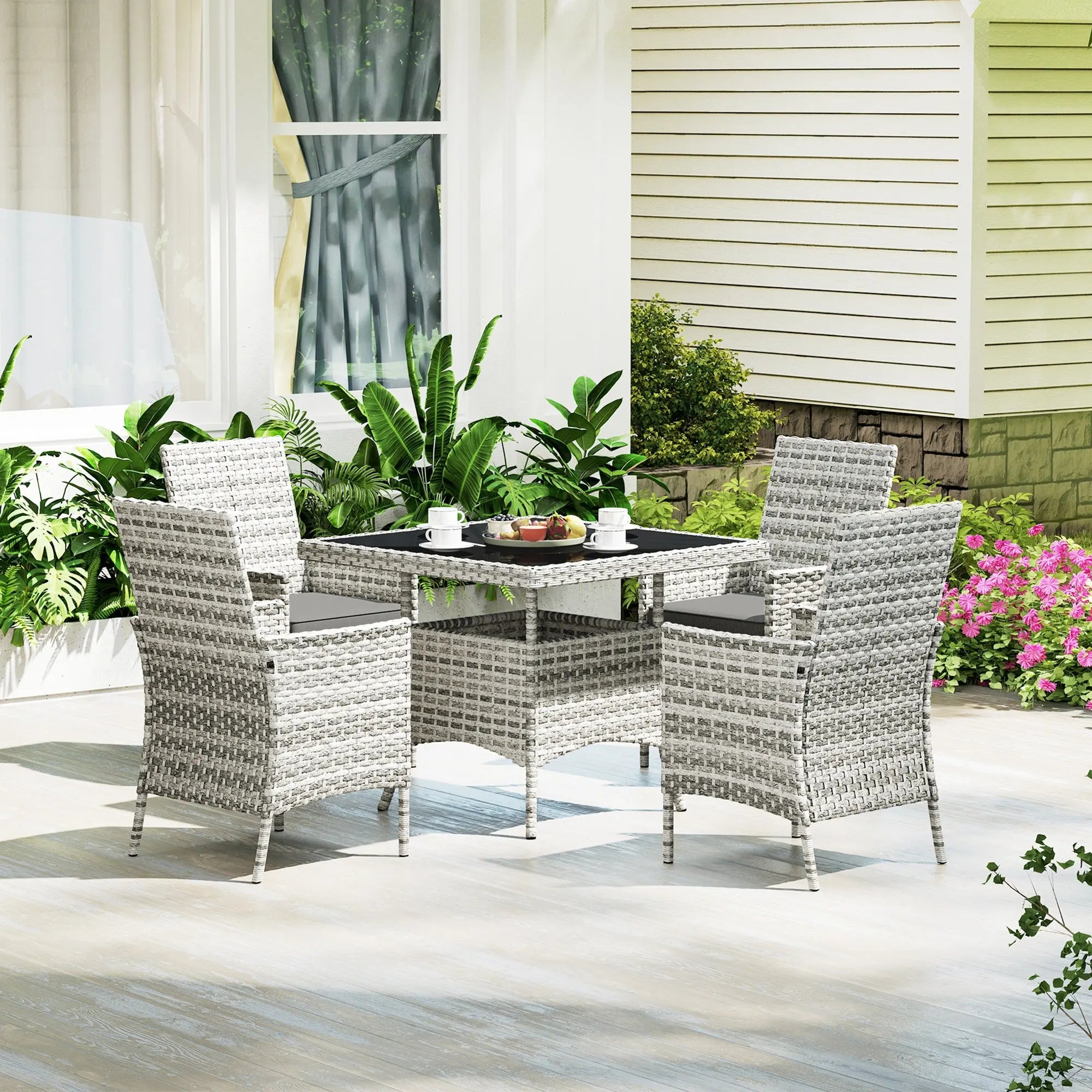 Outsunny Rattan Garden Furniture Set, Outdoor Dining Table and Chairs 4 Seater with Cushions, Square Tempered Glass Top, 4 Armchairs, for Balcony, Terrace, Conservatory, Mixed-Grey 