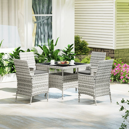Outsunny Rattan Garden Furniture Set, Outdoor Dining Table and Chairs 4 Seater with Cushions, Square Tempered Glass Top, 4 Armchairs, for Balcony, Terrace, Conservatory, Mixed-Grey 