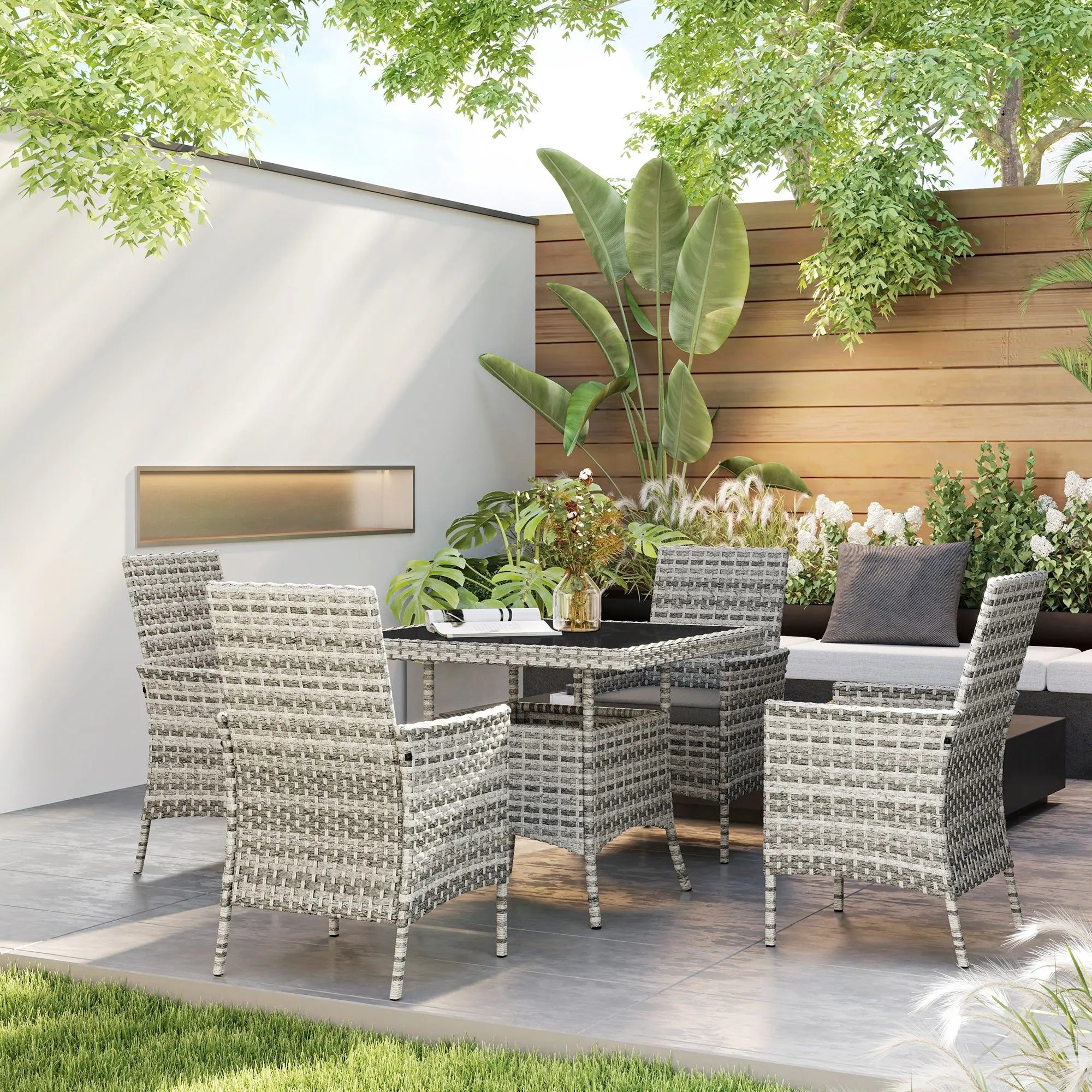Outsunny Rattan Garden Furniture Set, Outdoor Dining Table and Chairs 4 Seater with Cushions, Square Tempered Glass Top, 4 Armchairs, for Balcony, Terrace, Conservatory, Mixed-Grey 