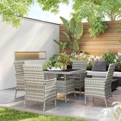 Outsunny Rattan Garden Furniture Set, Outdoor Dining Table and Chairs 4 Seater with Cushions, Square Tempered Glass Top, 4 Armchairs, for Balcony, Terrace, Conservatory, Mixed-Grey 
