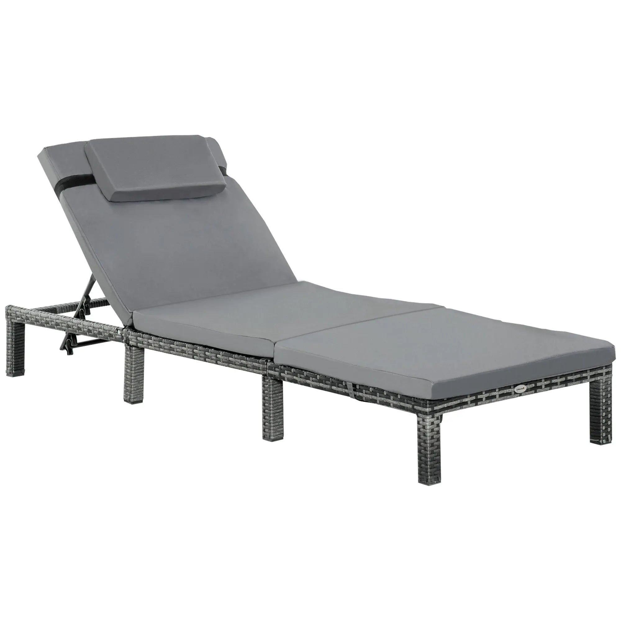 Outsunny Rattan Sun Lounger, 5-Level Adjustable Garden Lounger Recliner with Cushion and Headrest, Outdoor Reclining Sunbed, Steel Frame Garden Chair for Patio, Beach, Terrace, Dark Grey 