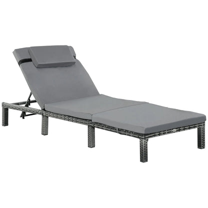 Outsunny Rattan Sun Lounger, 5-Level Adjustable Garden Lounger Recliner with Cushion and Headrest, Outdoor Reclining Sunbed, Steel Frame Garden Chair for Patio, Beach, Terrace, Dark Grey 