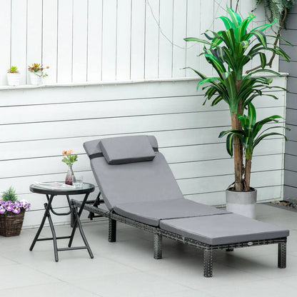 Outsunny Rattan Sun Lounger, 5-Level Adjustable Garden Lounger Recliner with Cushion and Headrest, Outdoor Reclining Sunbed, Steel Frame Garden Chair for Patio, Beach, Terrace, Dark Grey 