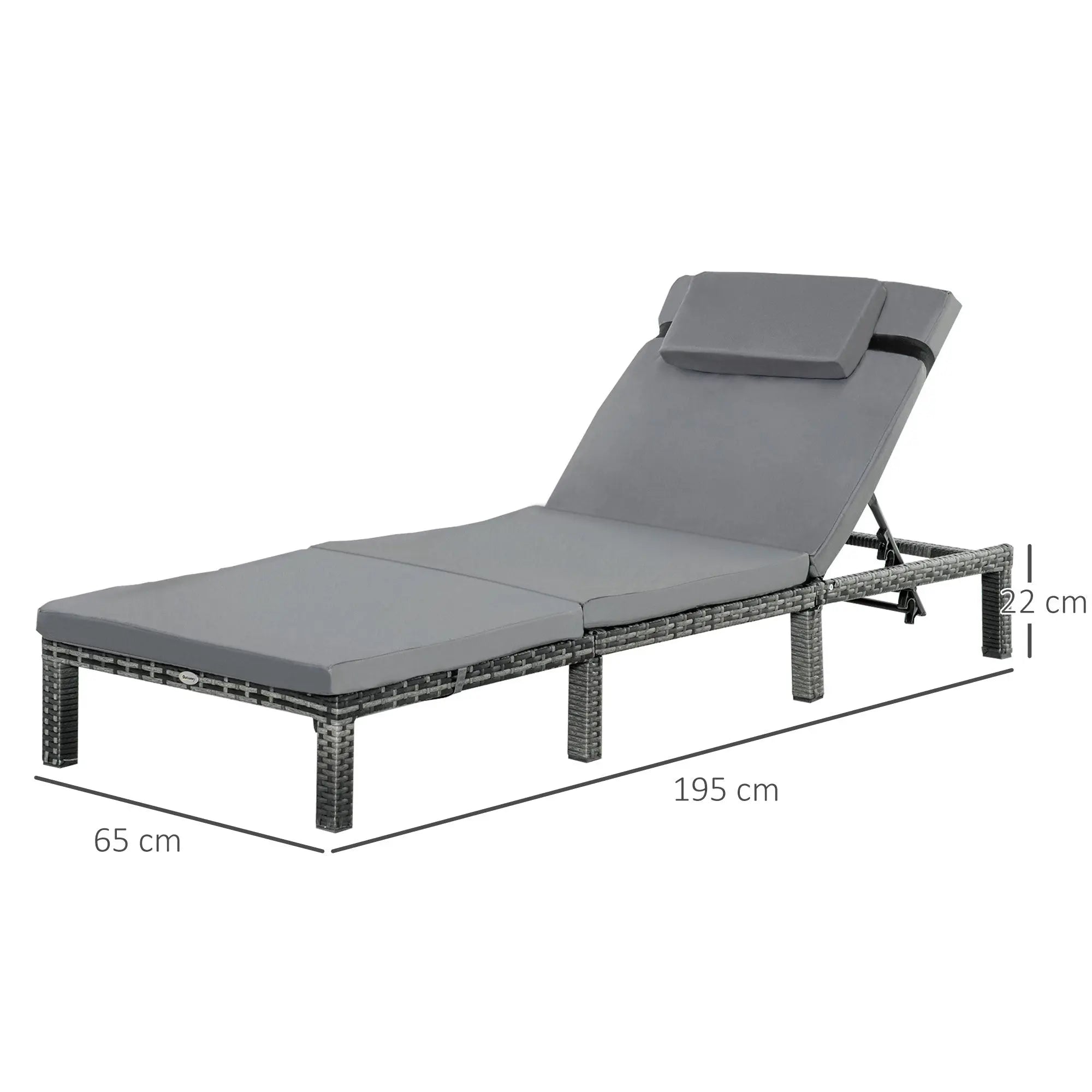 Outsunny Rattan Sun Lounger, 5-Level Adjustable Garden Lounger Recliner with Cushion and Headrest, Outdoor Reclining Sunbed, Steel Frame Garden Chair for Patio, Beach, Terrace, Dark Grey 