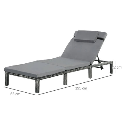 Outsunny Rattan Sun Lounger, 5-Level Adjustable Garden Lounger Recliner with Cushion and Headrest, Outdoor Reclining Sunbed, Steel Frame Garden Chair for Patio, Beach, Terrace, Dark Grey 