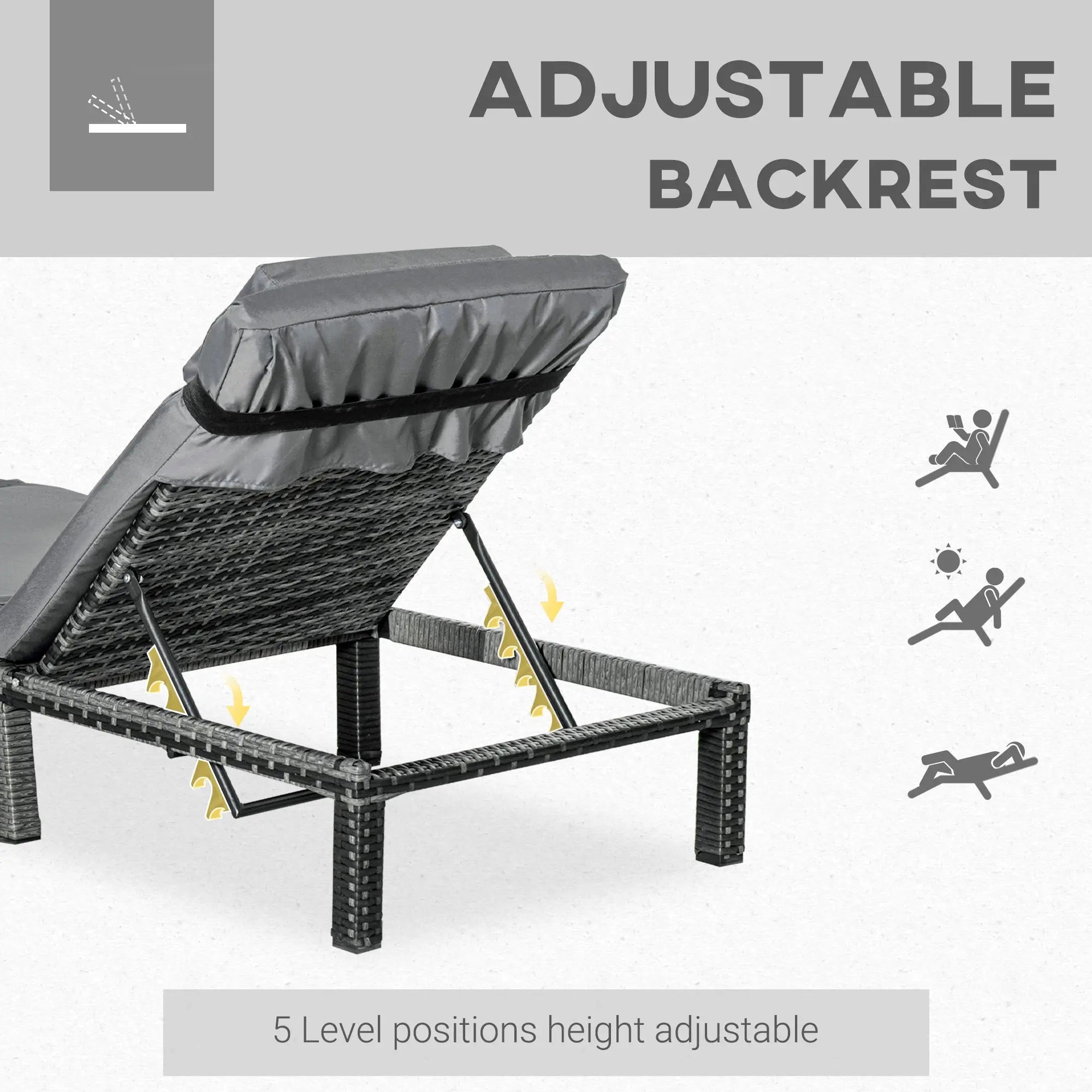 Outsunny Rattan Sun Lounger, 5-Level Adjustable Garden Lounger Recliner with Cushion and Headrest, Outdoor Reclining Sunbed, Steel Frame Garden Chair for Patio, Beach, Terrace, Dark Grey 