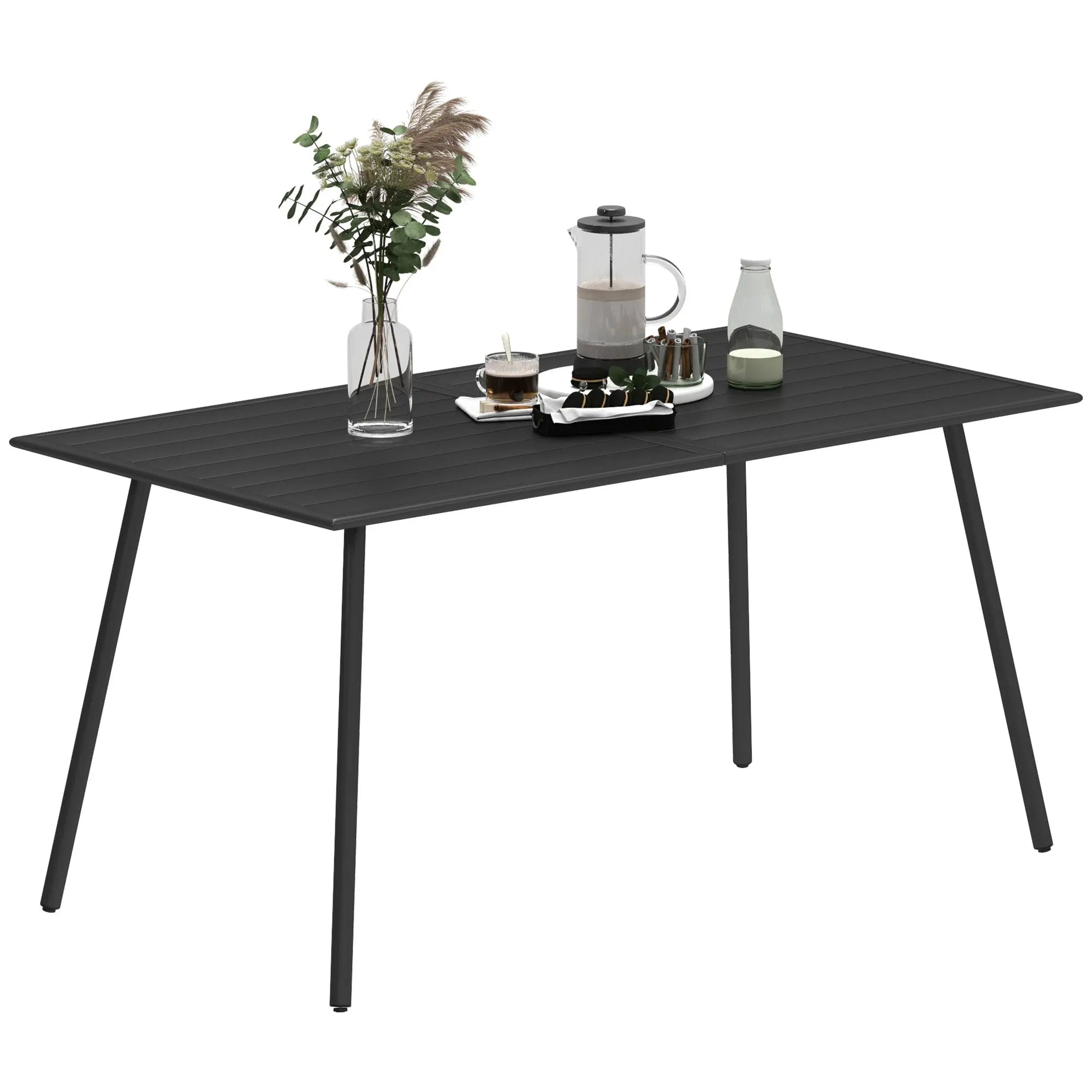 Outsunny Rectangle Garden Table with Slat Top, Steel Frame, Outdoor Table for 6 Person, 150 x 80 x 74 cm, Black 