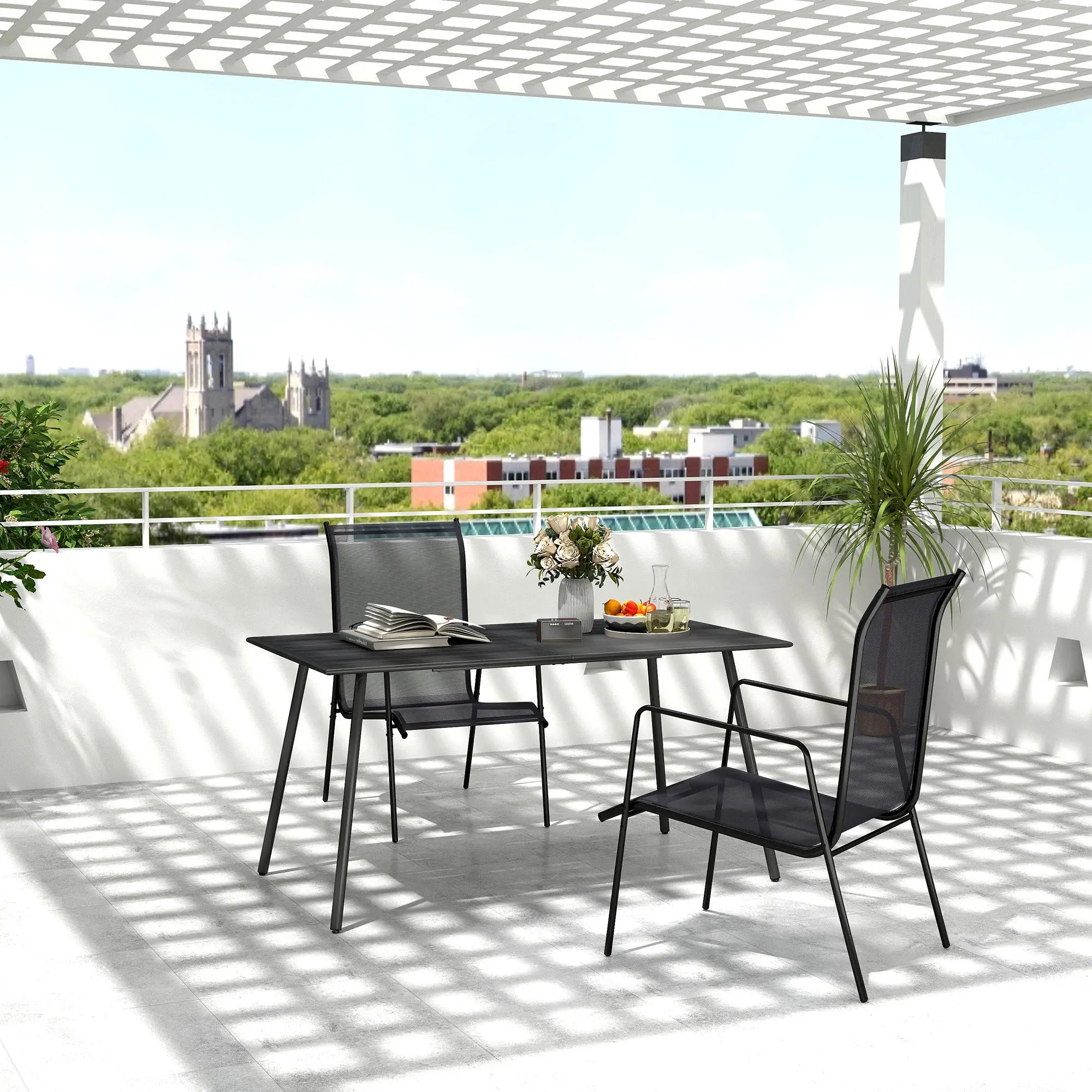 Outsunny Rectangle Garden Table with Slat Top, Steel Frame, Outdoor Table for 6 Person, 150 x 80 x 74 cm, Black 