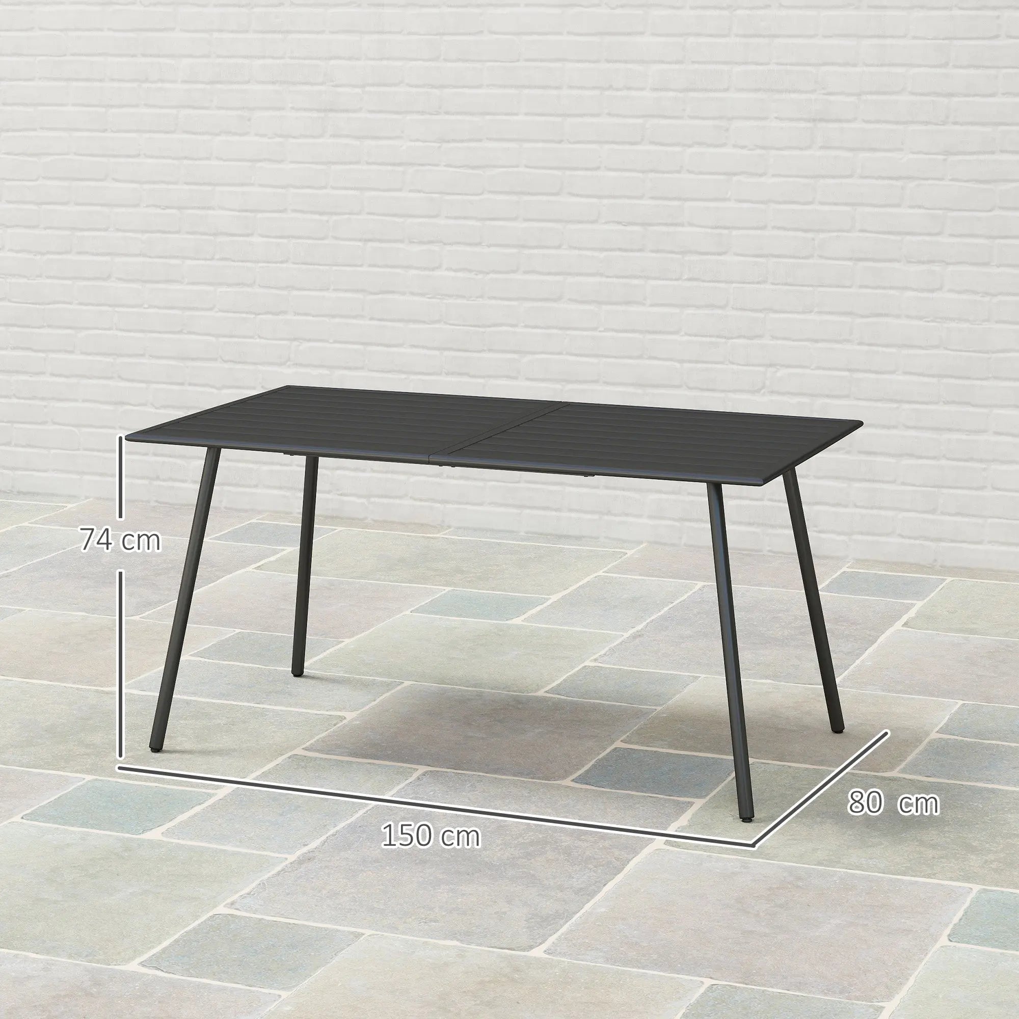 Outsunny Rectangle Garden Table with Slat Top, Steel Frame, Outdoor Table for 6 Person, 150 x 80 x 74 cm, Black 