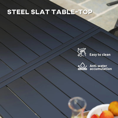 Outsunny Rectangle Garden Table with Slat Top, Steel Frame, Outdoor Table for 6 Person, 150 x 80 x 74 cm, Black 