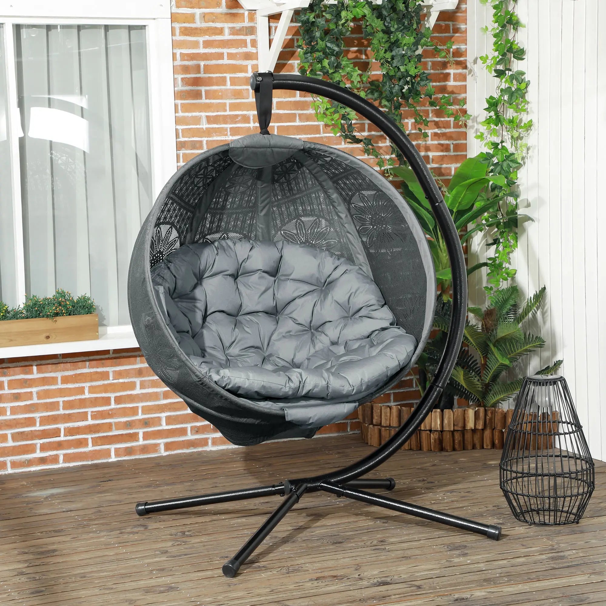Outsunny Round Egg Basket Chair, with Steel Stand, Charcoal Grey 