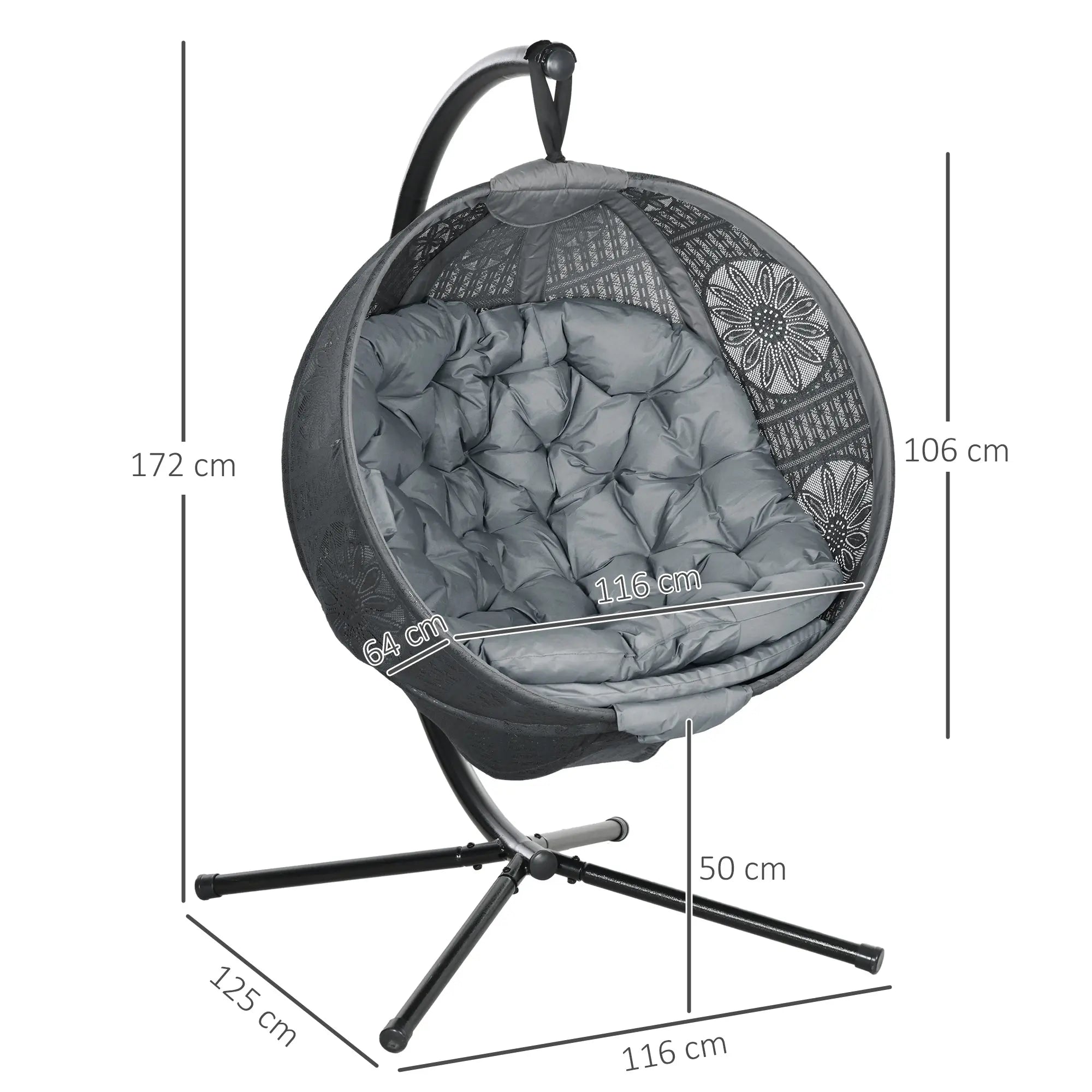 Outsunny Round Egg Basket Chair, with Steel Stand, Charcoal Grey 