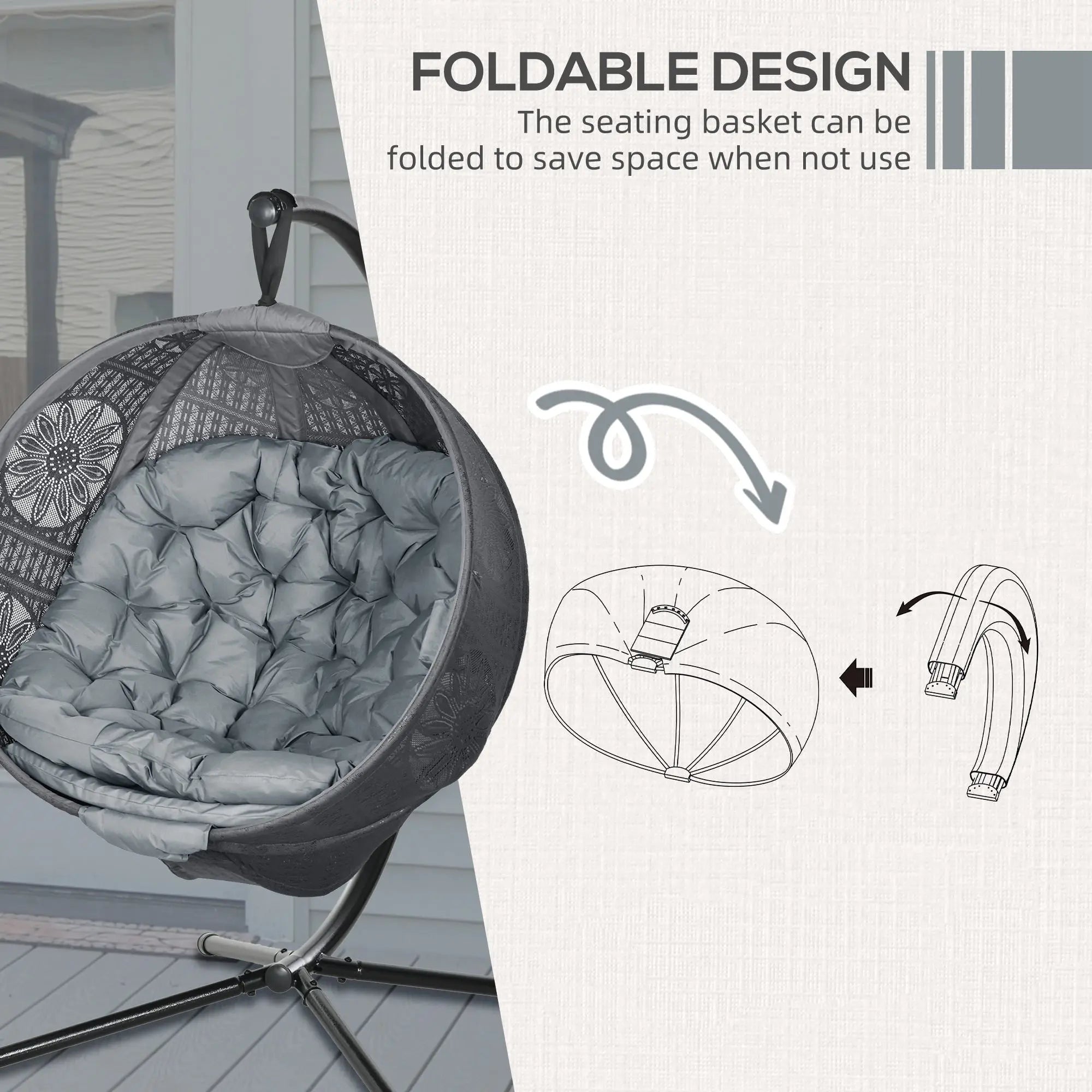 Outsunny Round Egg Basket Chair, with Steel Stand, Charcoal Grey 
