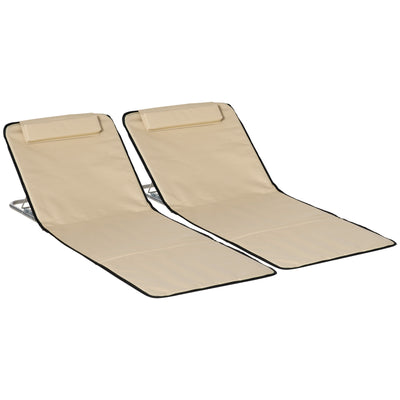 Outsunny Set of 2 Foldable Garden Beach Chair Mat Lightweight Outdoor Sun Lounger Seats Adjustable Back Metal Frame PE Fabric Head Pillow w/ Carry Bag, Beige 