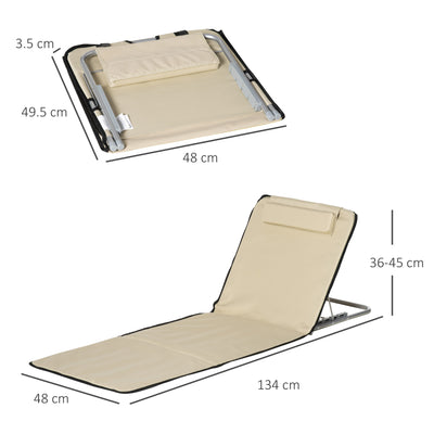 Outsunny Set of 2 Foldable Garden Beach Chair Mat Lightweight Outdoor Sun Lounger Seats Adjustable Back Metal Frame PE Fabric Head Pillow w/ Carry Bag, Beige 