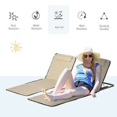 Outsunny Set of 2 Foldable Garden Beach Chair Mat Lightweight Outdoor Sun Lounger Seats Adjustable Back Metal Frame PE Fabric Head Pillow w/ Carry Bag, Beige 