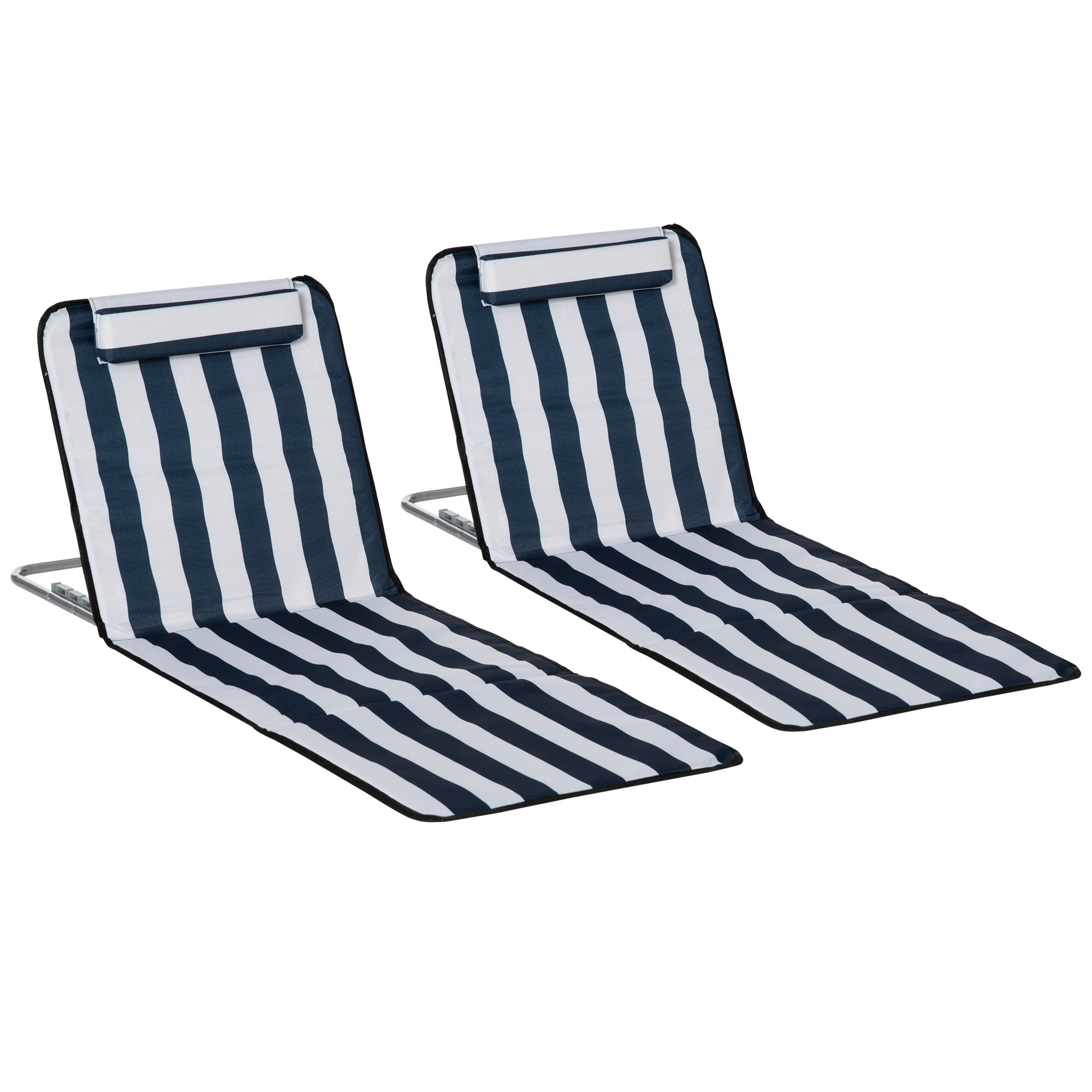 Outsunny Set of 2 Foldable Garden Beach Chair Mat Lightweight Outdoor Sun Lounger Seats Adjustable Back Metal Frame PE Fabric Head Pillow w/ Carry Bag, Blue 