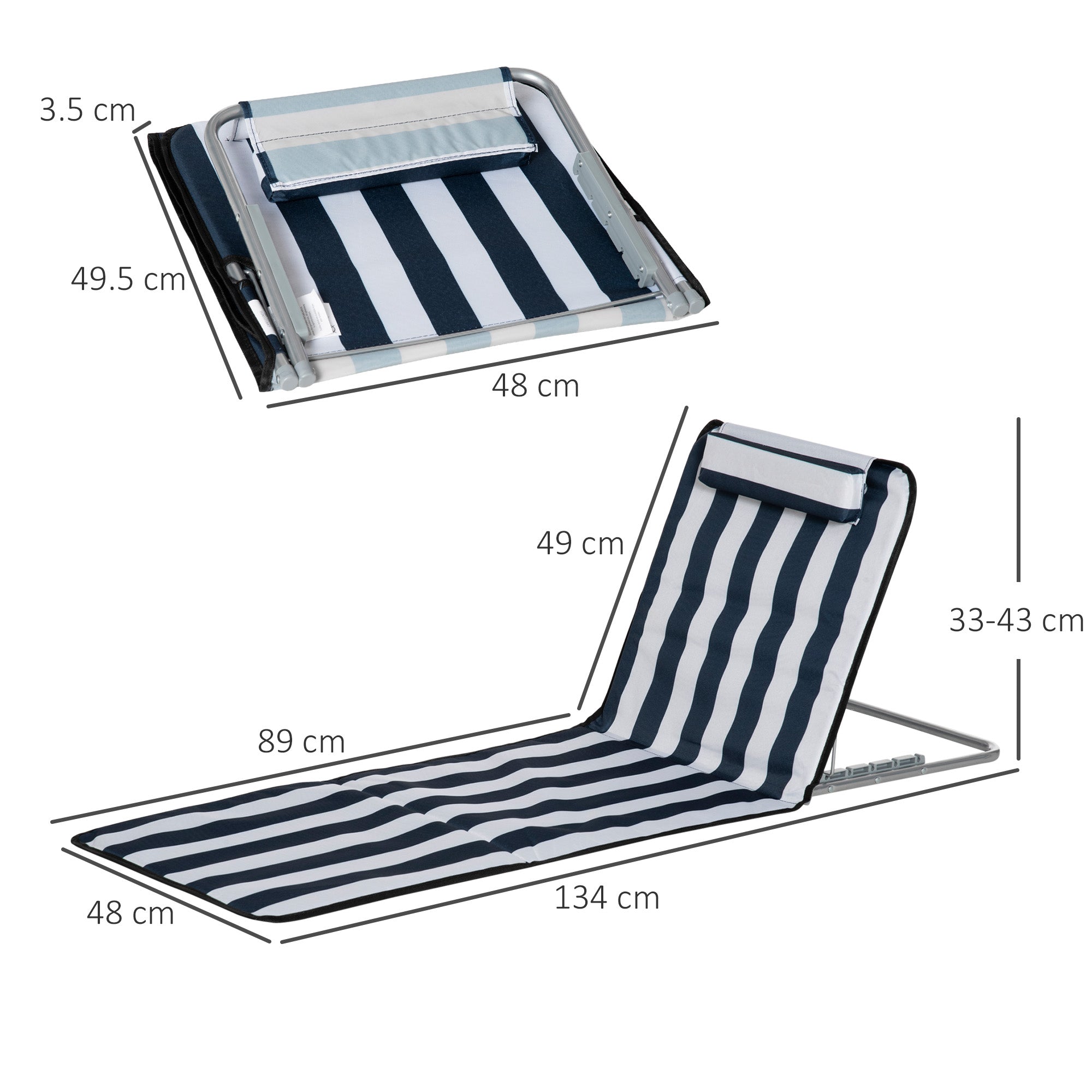 Outsunny Set of 2 Foldable Garden Beach Chair Mat Lightweight Outdoor Sun Lounger Seats Adjustable Back Metal Frame PE Fabric Head Pillow w/ Carry Bag, Blue 
