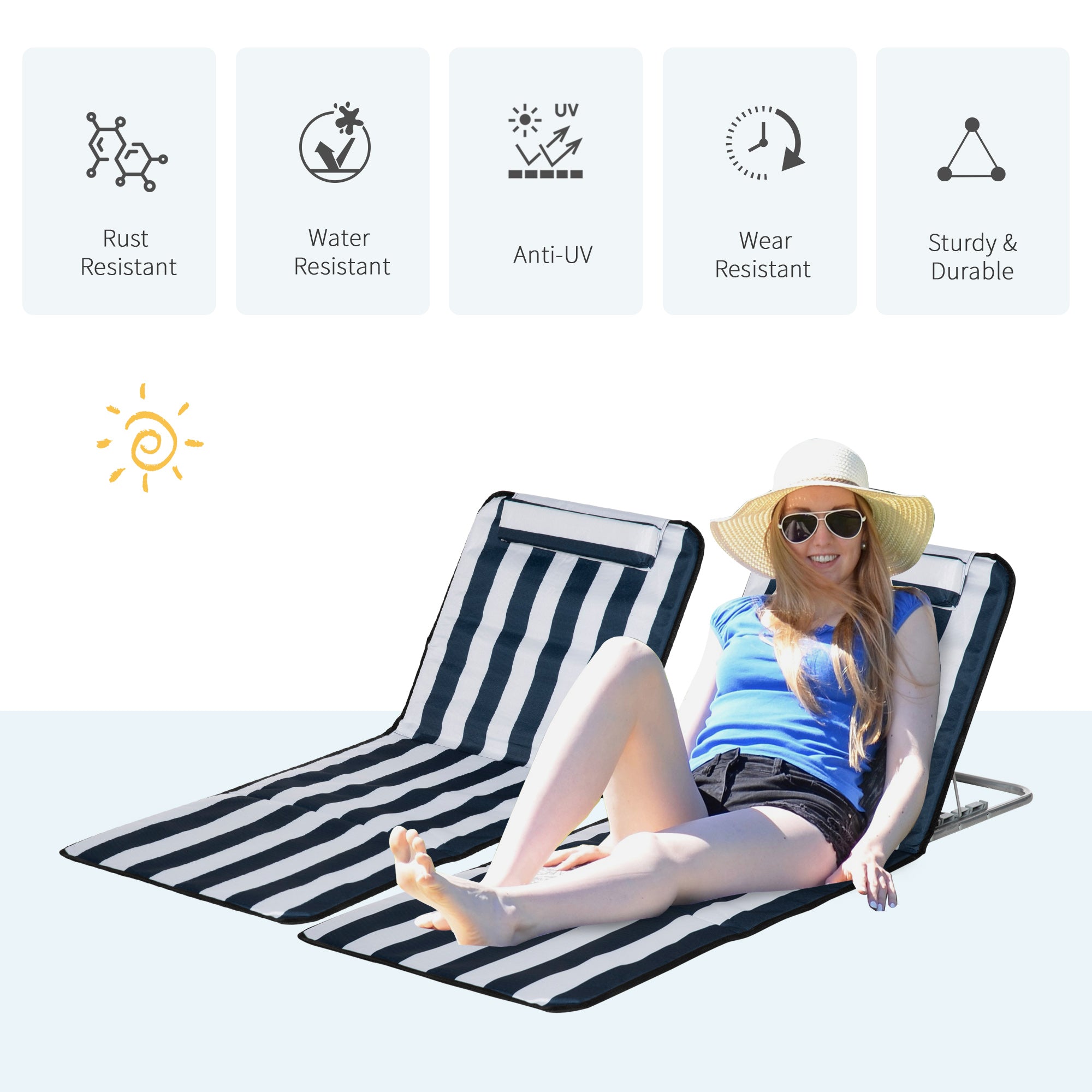 Outsunny Set of 2 Foldable Garden Beach Chair Mat Lightweight Outdoor Sun Lounger Seats Adjustable Back Metal Frame PE Fabric Head Pillow w/ Carry Bag, Blue 