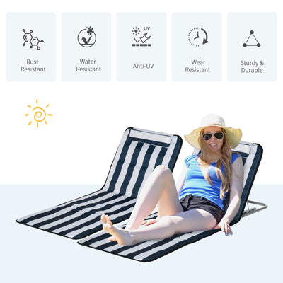 Outsunny Set of 2 Foldable Garden Beach Chair Mat Lightweight Outdoor Sun Lounger Seats Adjustable Back Metal Frame PE Fabric Head Pillow w/ Carry Bag, Blue 