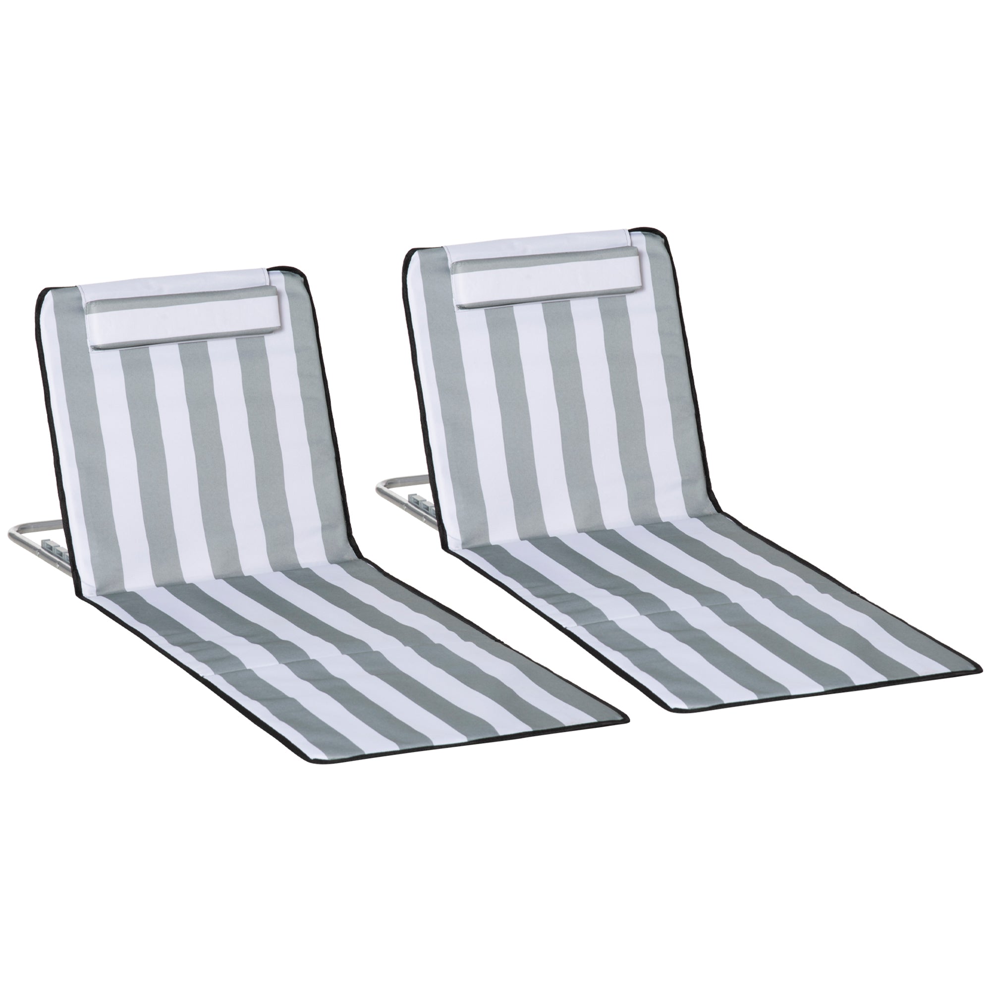 Outsunny Set of 2 Foldable Garden Beach Chair Mat Lightweight Outdoor Sun Lounger Seats Adjustable Back Metal Frame PE Fabric Head Pillow w/ Carry Bag, Light Grey 