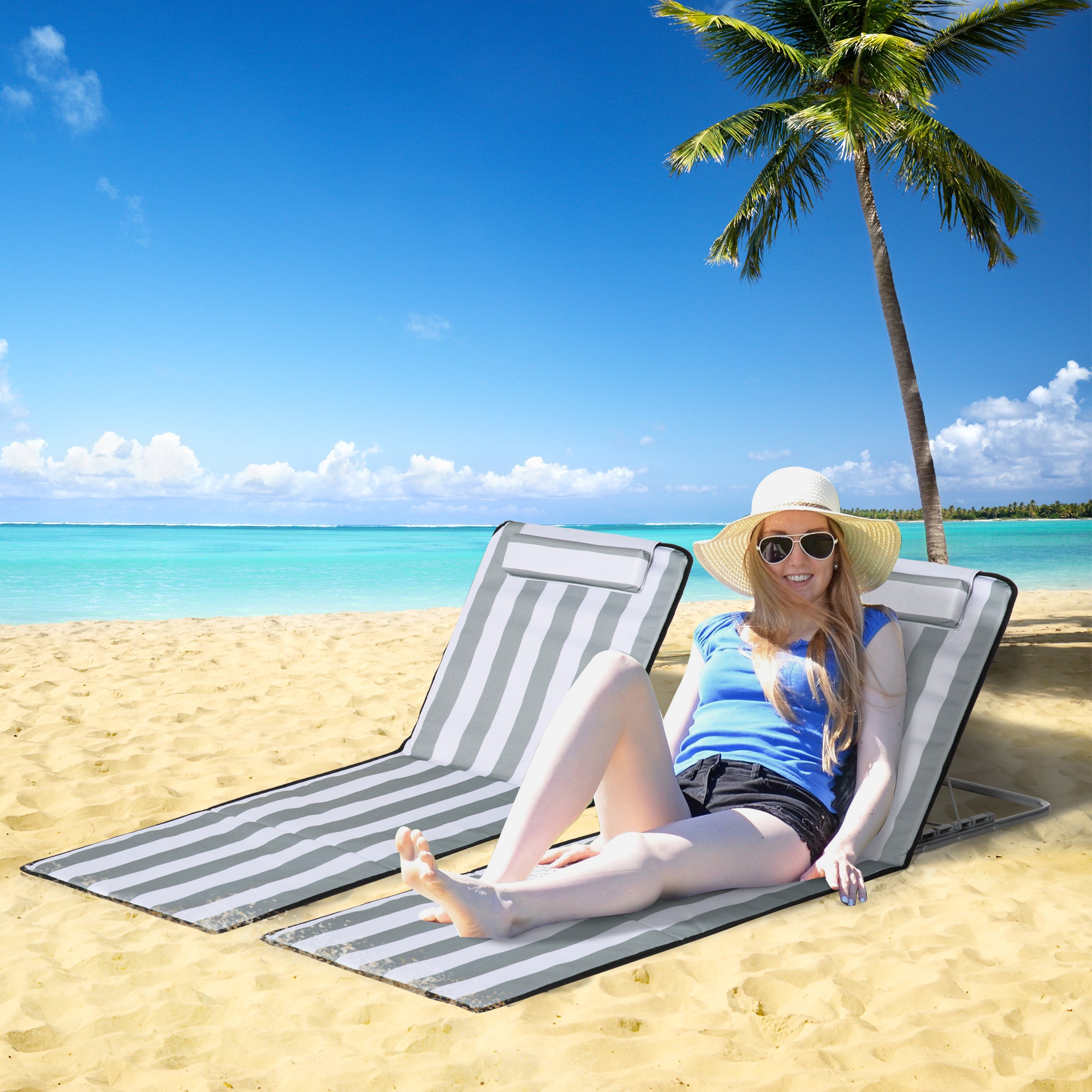 Outsunny Set of 2 Foldable Garden Beach Chair Mat Lightweight Outdoor Sun Lounger Seats Adjustable Back Metal Frame PE Fabric Head Pillow w/ Carry Bag, Light Grey 