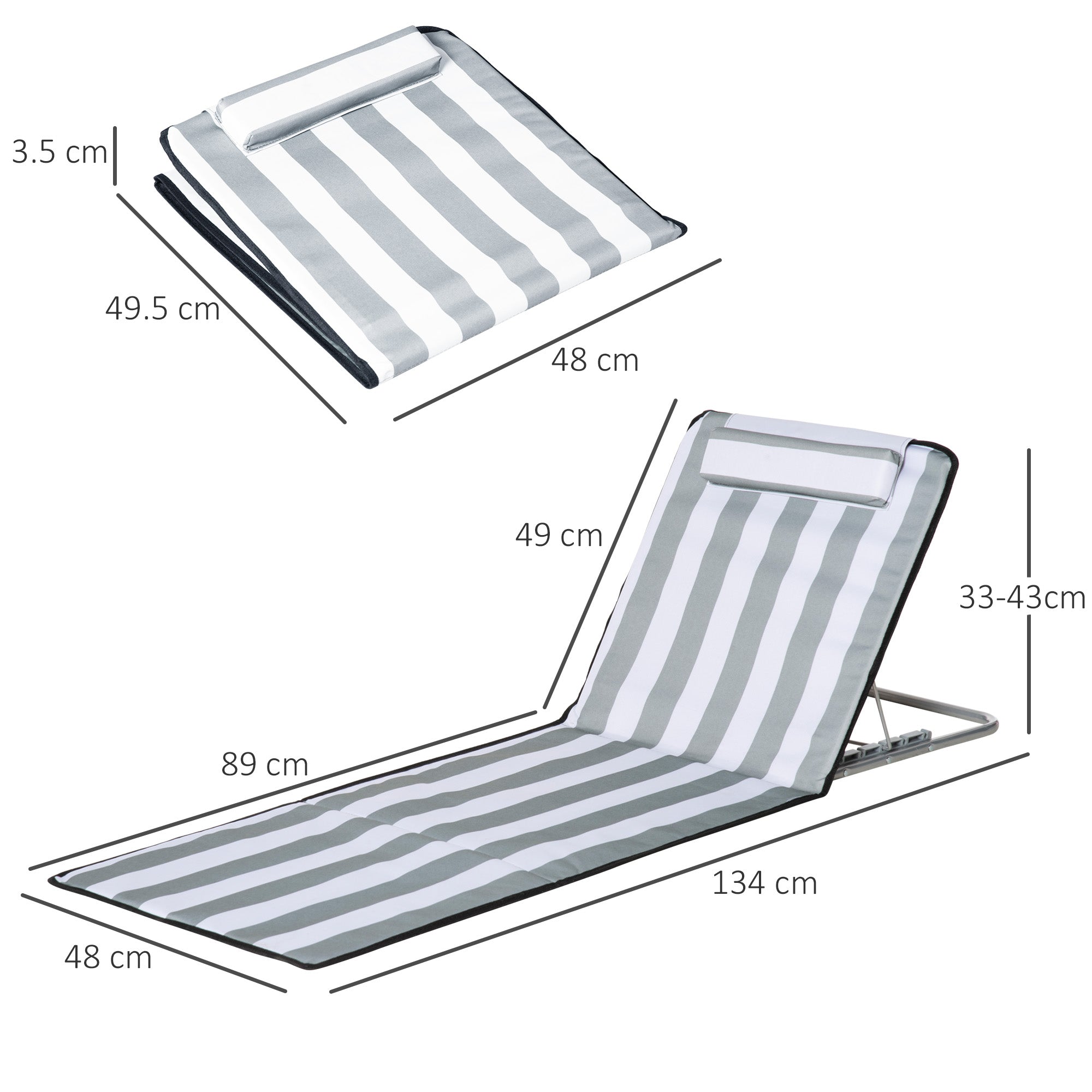 Outsunny Set of 2 Foldable Garden Beach Chair Mat Lightweight Outdoor Sun Lounger Seats Adjustable Back Metal Frame PE Fabric Head Pillow w/ Carry Bag, Light Grey 
