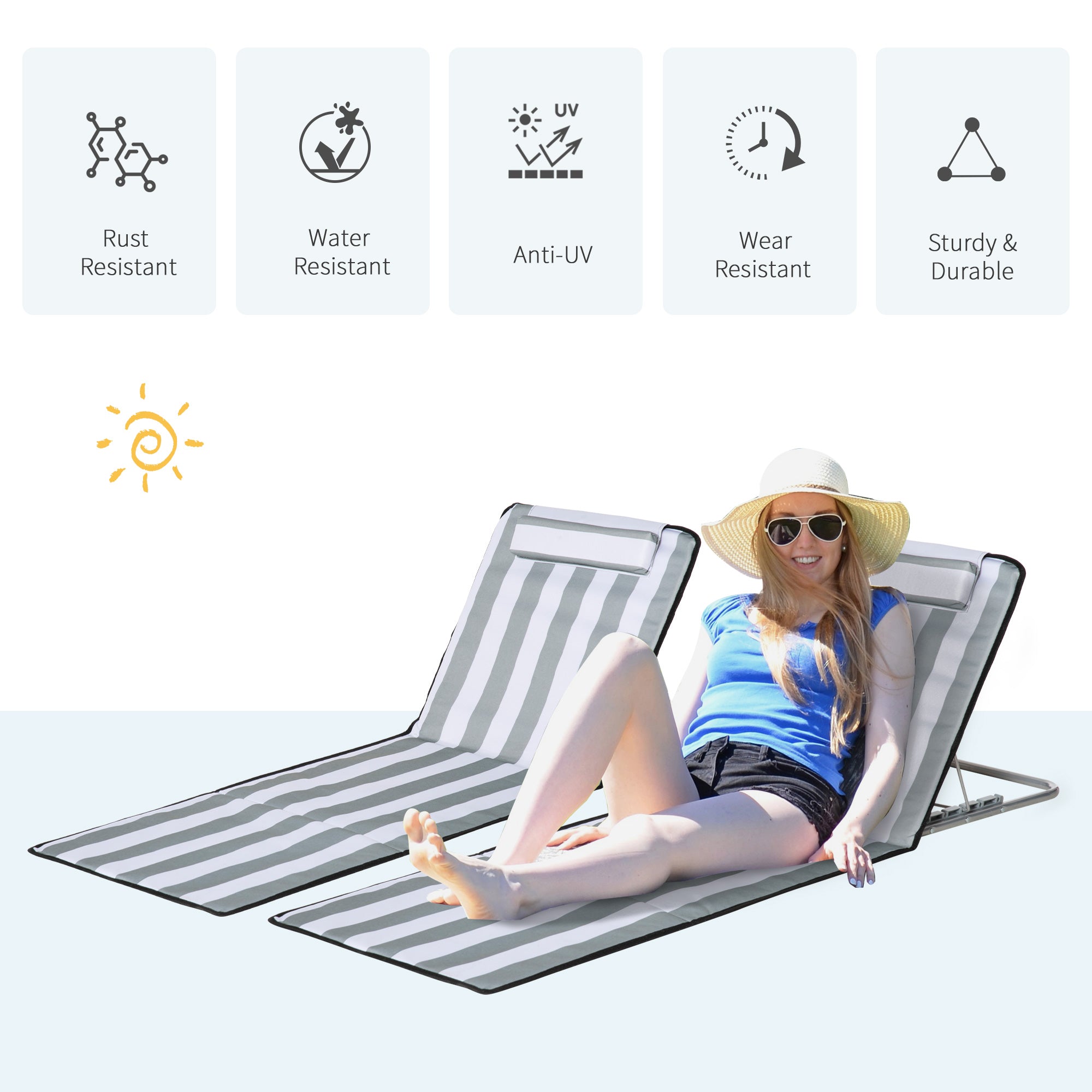 Outsunny Set of 2 Foldable Garden Beach Chair Mat Lightweight Outdoor Sun Lounger Seats Adjustable Back Metal Frame PE Fabric Head Pillow w/ Carry Bag, Light Grey 