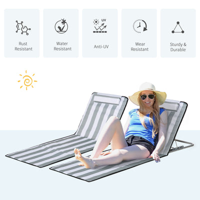 Outsunny Set of 2 Foldable Garden Beach Chair Mat Lightweight Outdoor Sun Lounger Seats Adjustable Back Metal Frame PE Fabric Head Pillow w/ Carry Bag, Light Grey 