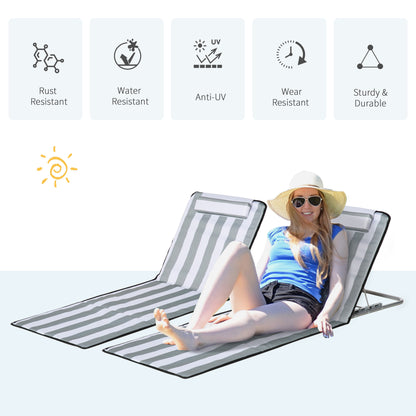 Outsunny Set of 2 Foldable Garden Beach Chair Mat Lightweight Outdoor Sun Lounger Seats Adjustable Back Metal Frame PE Fabric Head Pillow w/ Carry Bag, Light Grey 