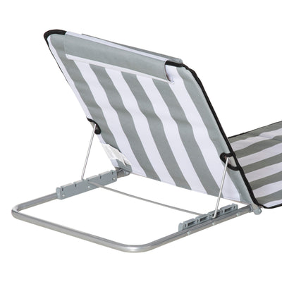 Outsunny Set of 2 Foldable Garden Beach Chair Mat Lightweight Outdoor Sun Lounger Seats Adjustable Back Metal Frame PE Fabric Head Pillow w/ Carry Bag, Light Grey 