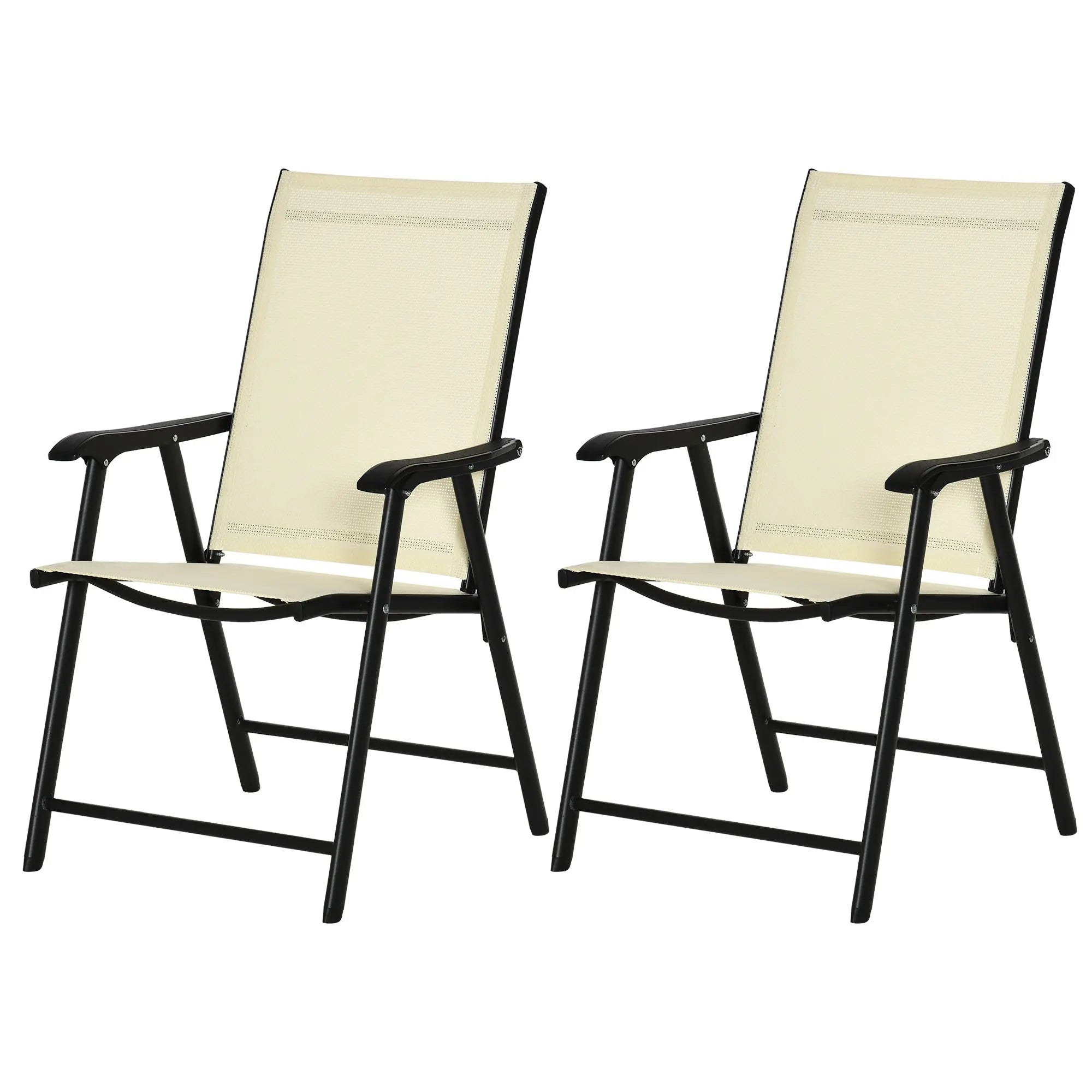 Outsunny Set of 2 Folding Garden Chairs, Metal Frame Garden Chairs Outdoor Patio Park Dining Seat with Breathable Mesh Seat, Beige 