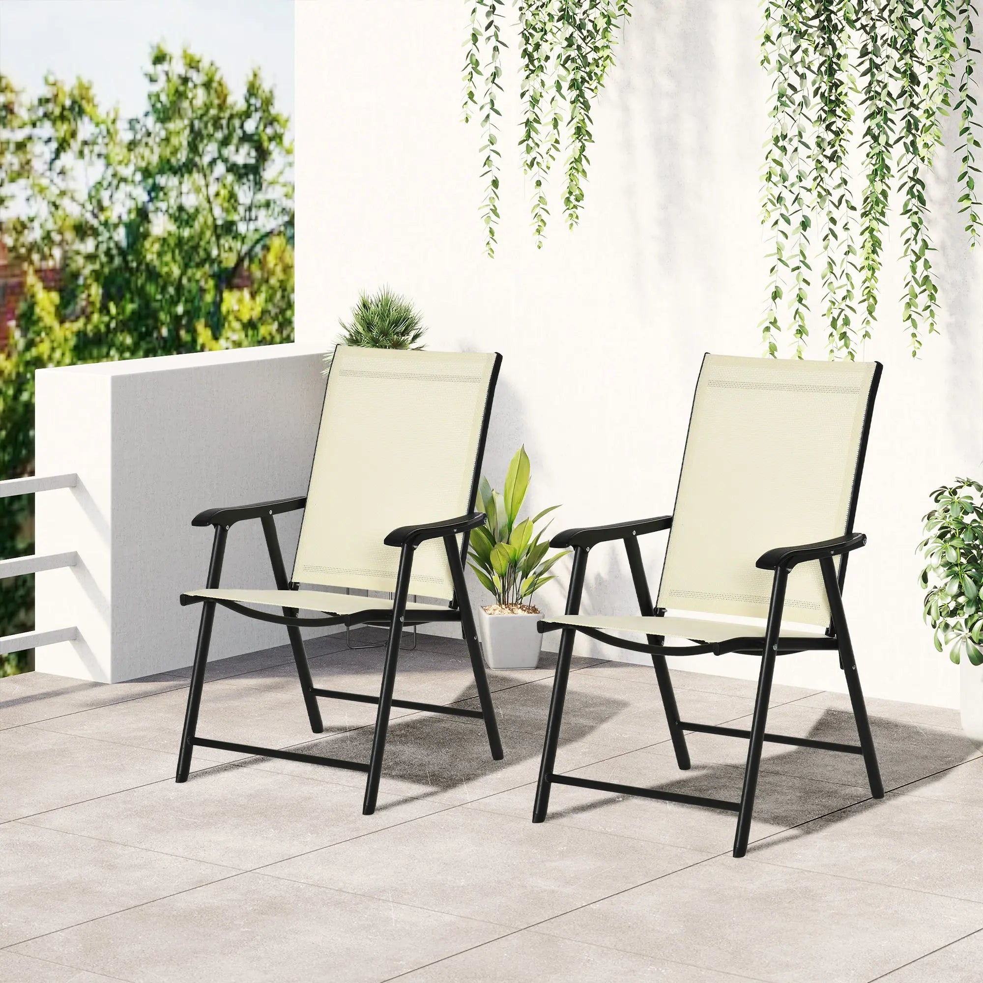 Outsunny Set of 2 Folding Garden Chairs, Metal Frame Garden Chairs Outdoor Patio Park Dining Seat with Breathable Mesh Seat, Beige 