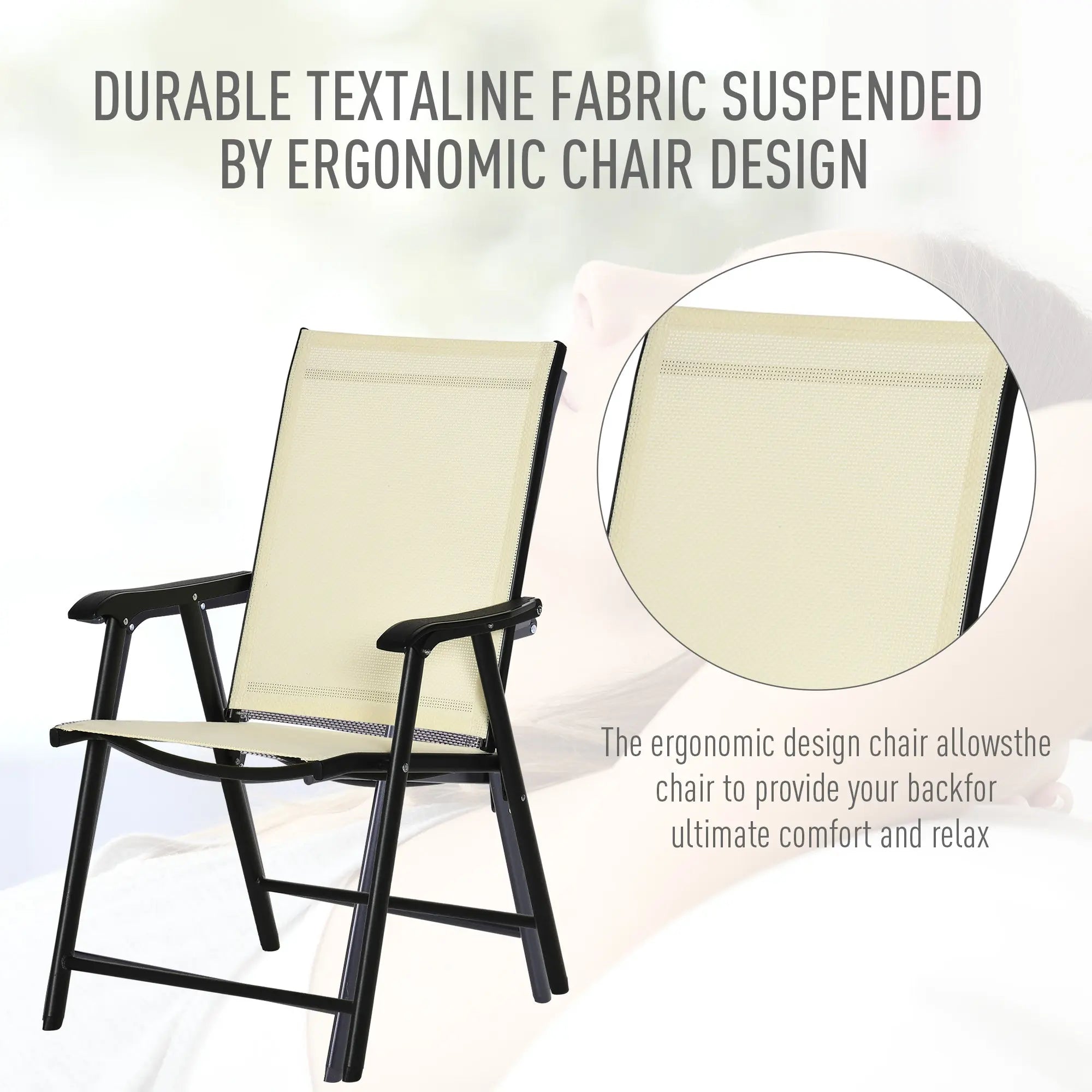 Outsunny Set of 2 Folding Garden Chairs, Metal Frame Garden Chairs Outdoor Patio Park Dining Seat with Breathable Mesh Seat, Beige 