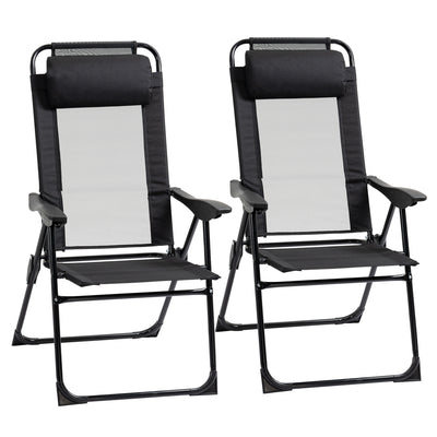 Outsunny Set of 2 Portable Folding Recliner Metal Outdoor Patio Chaise Lounge Chairs with Adjustable Backrest, Black 