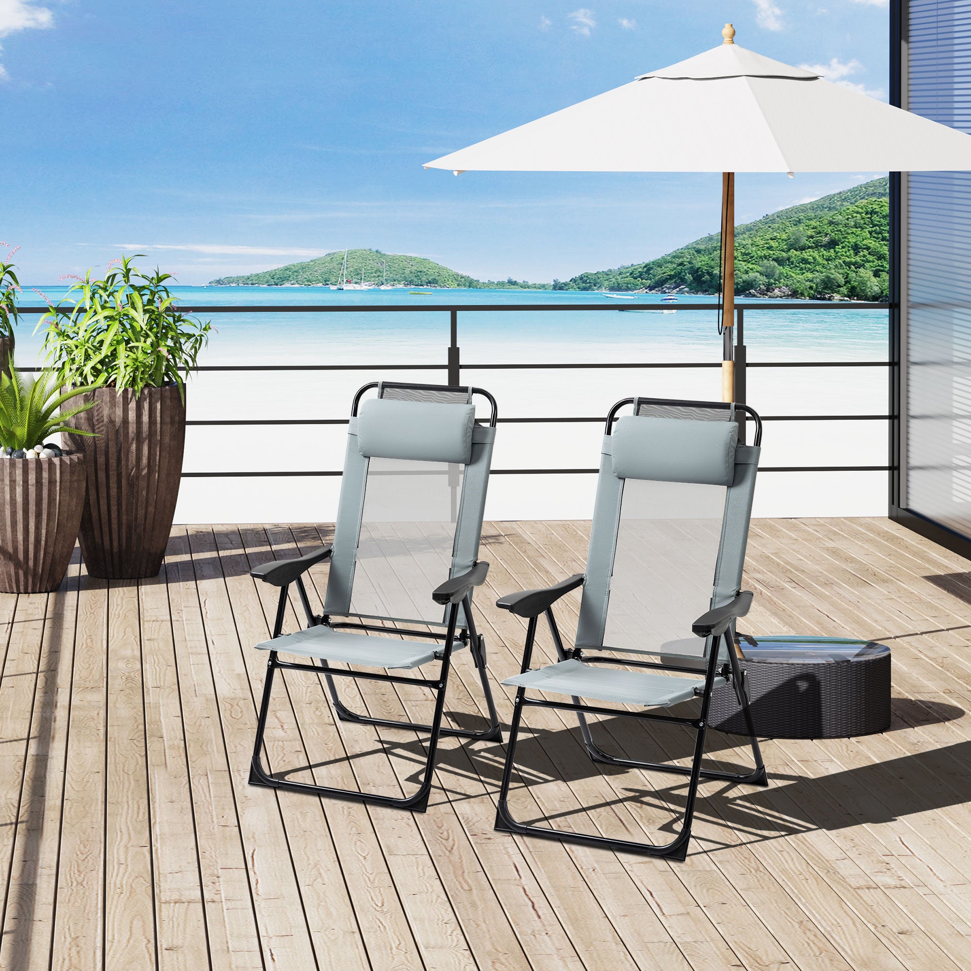 Outsunny Set of 2 Portable Folding Recliner Outdoor Patio Adjustable Backrest, Grey 