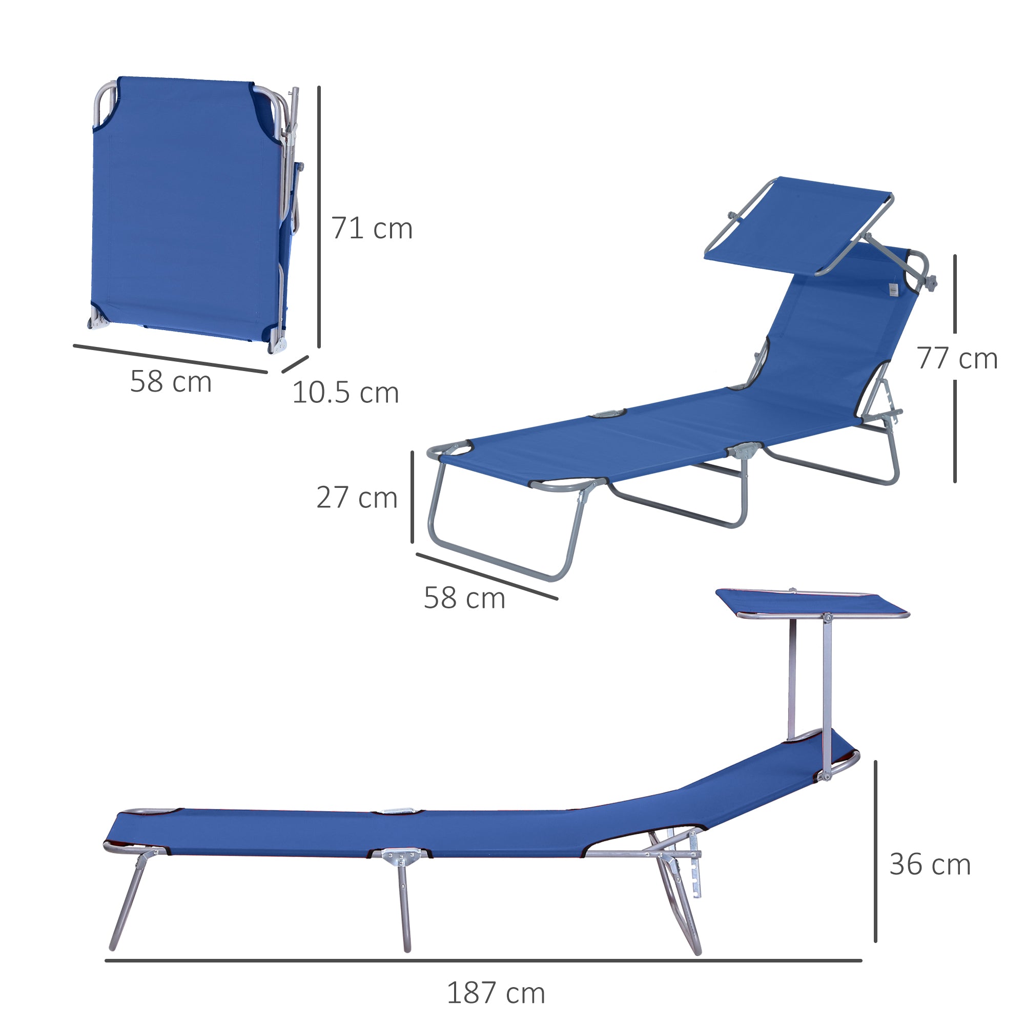 Outsunny Single Sun Lounger, with Awning and Reclining Back - Blue 