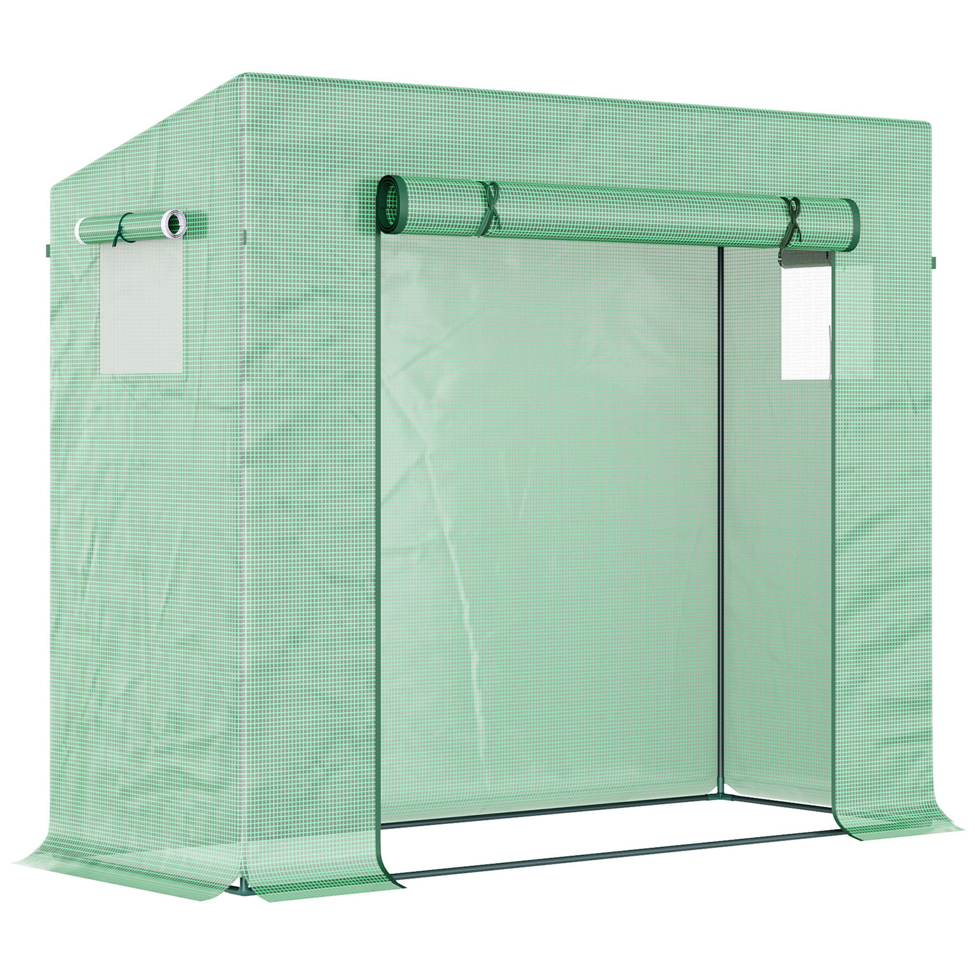 Outsunny Small Walk-in Garden Greenhouse with Steel Frame, Large Roll-up Door and Windows, 200Lx76Wx168Hcm, Green 