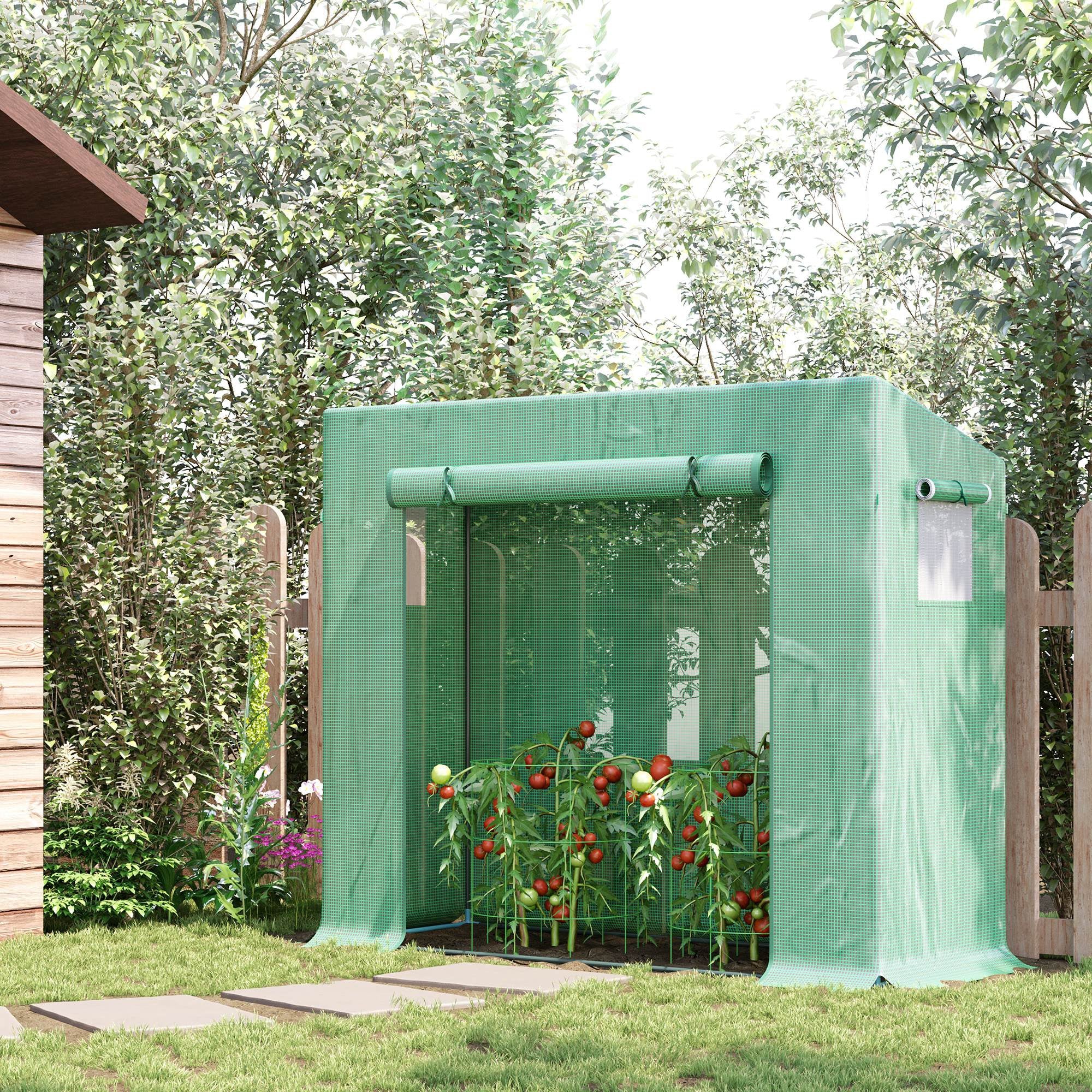 Outsunny Small Walk-in Garden Greenhouse with Steel Frame, Large Roll-up Door and Windows, 200Lx76Wx168Hcm, Green 