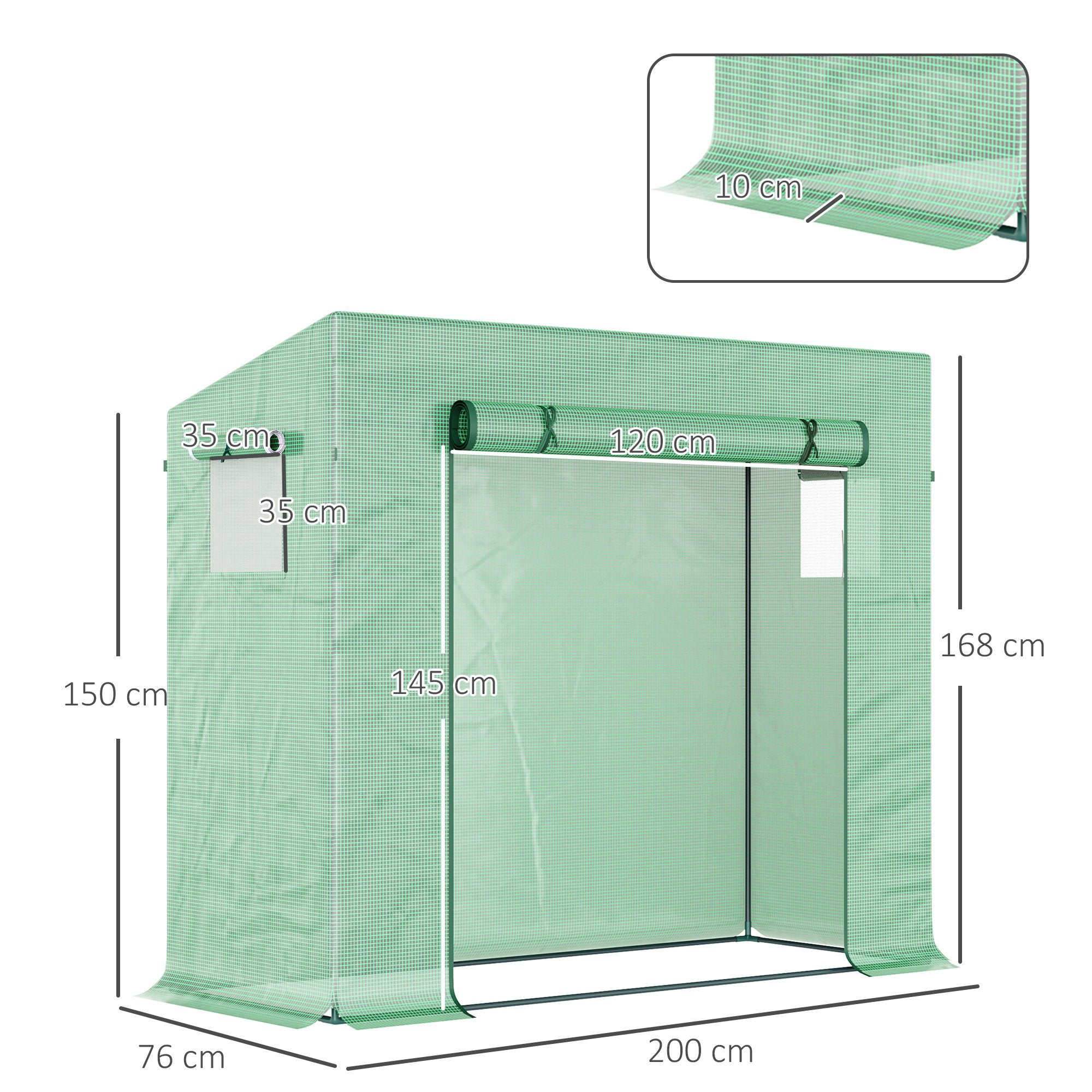 Outsunny Small Walk-in Garden Greenhouse with Steel Frame, Large Roll-up Door and Windows, 200Lx76Wx168Hcm, Green 