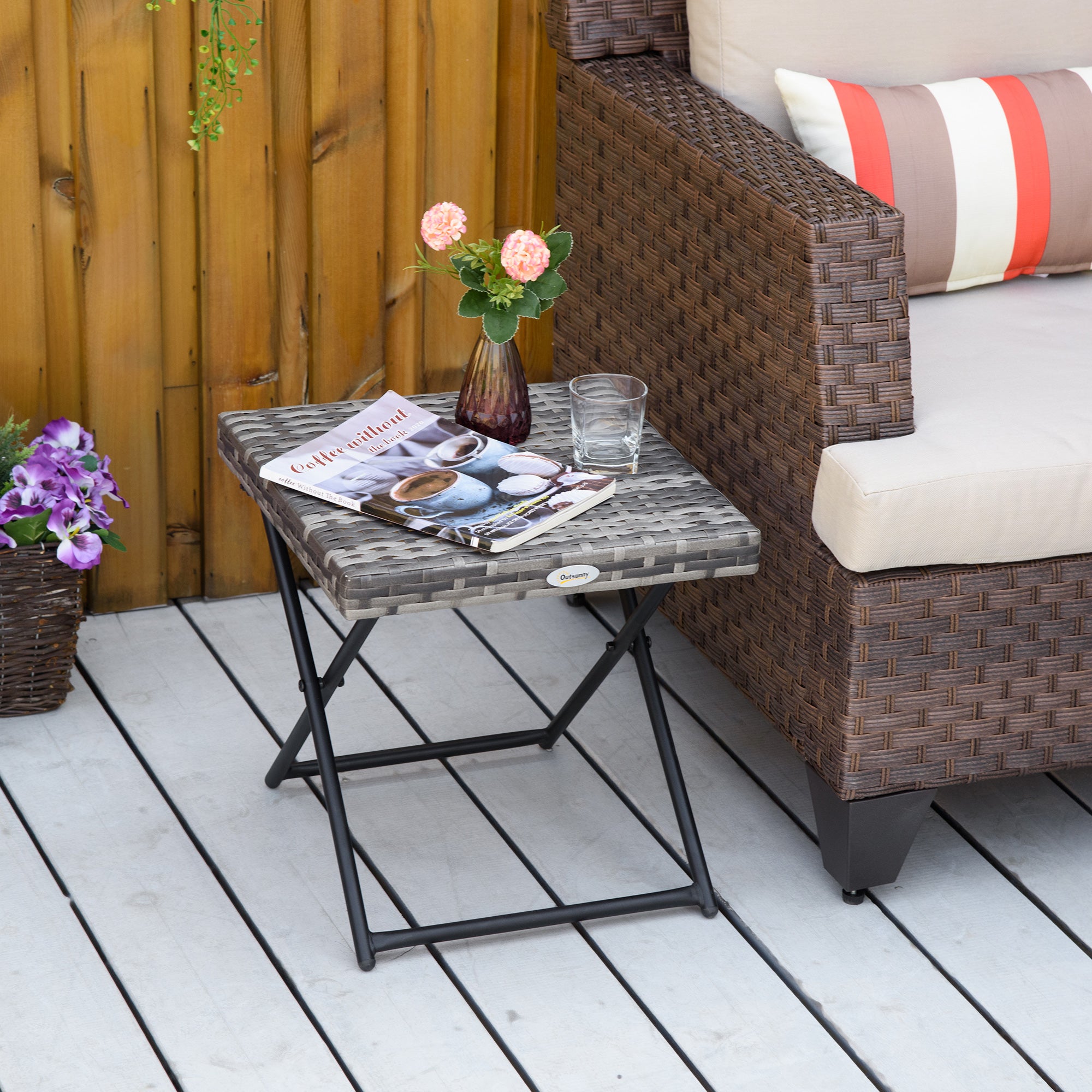Outsunny Square PE Wicker Rattan Folding Table - Grey 