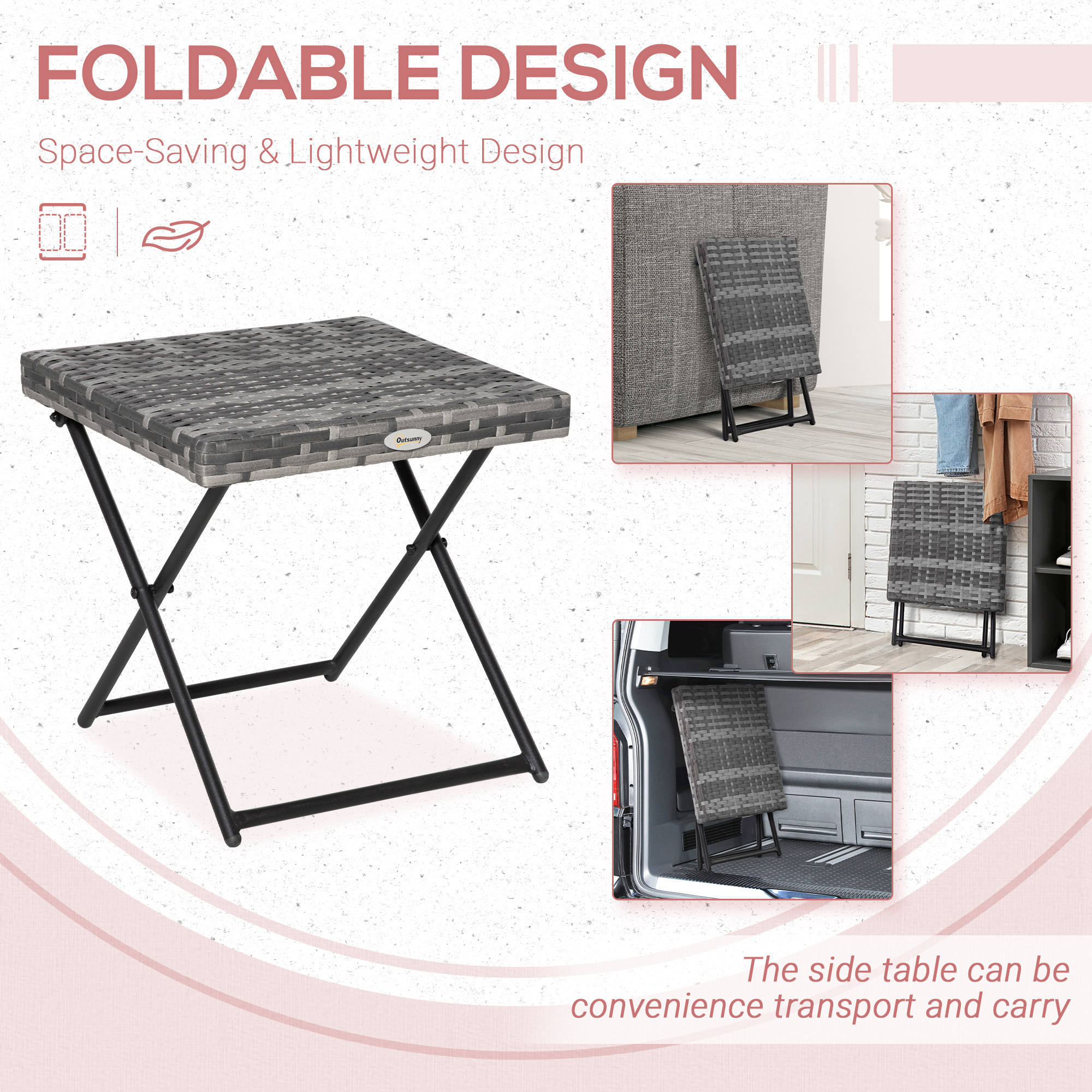 Outsunny Square PE Wicker Rattan Folding Table - Grey 