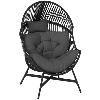 Outsunny Standing Rattan Egg Chair Outdoor, Oversized Wicker Garden Egg Chair with Thick Tufted Cushion, Headrest, Steel Frame, Charcoal Grey 