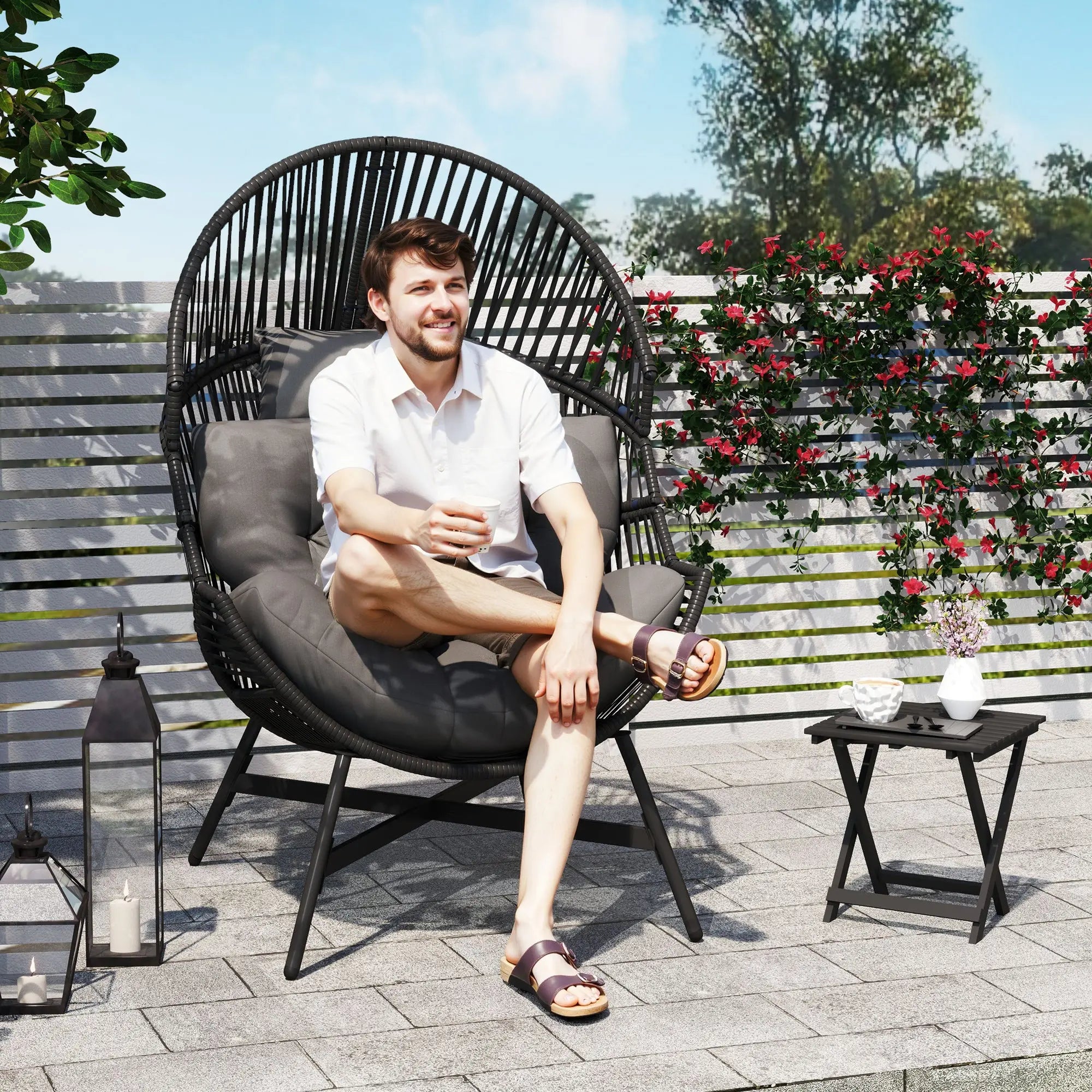 Outsunny Standing Rattan Egg Chair Outdoor, Oversized Wicker Garden Egg Chair with Thick Tufted Cushion, Headrest, Steel Frame, Charcoal Grey 