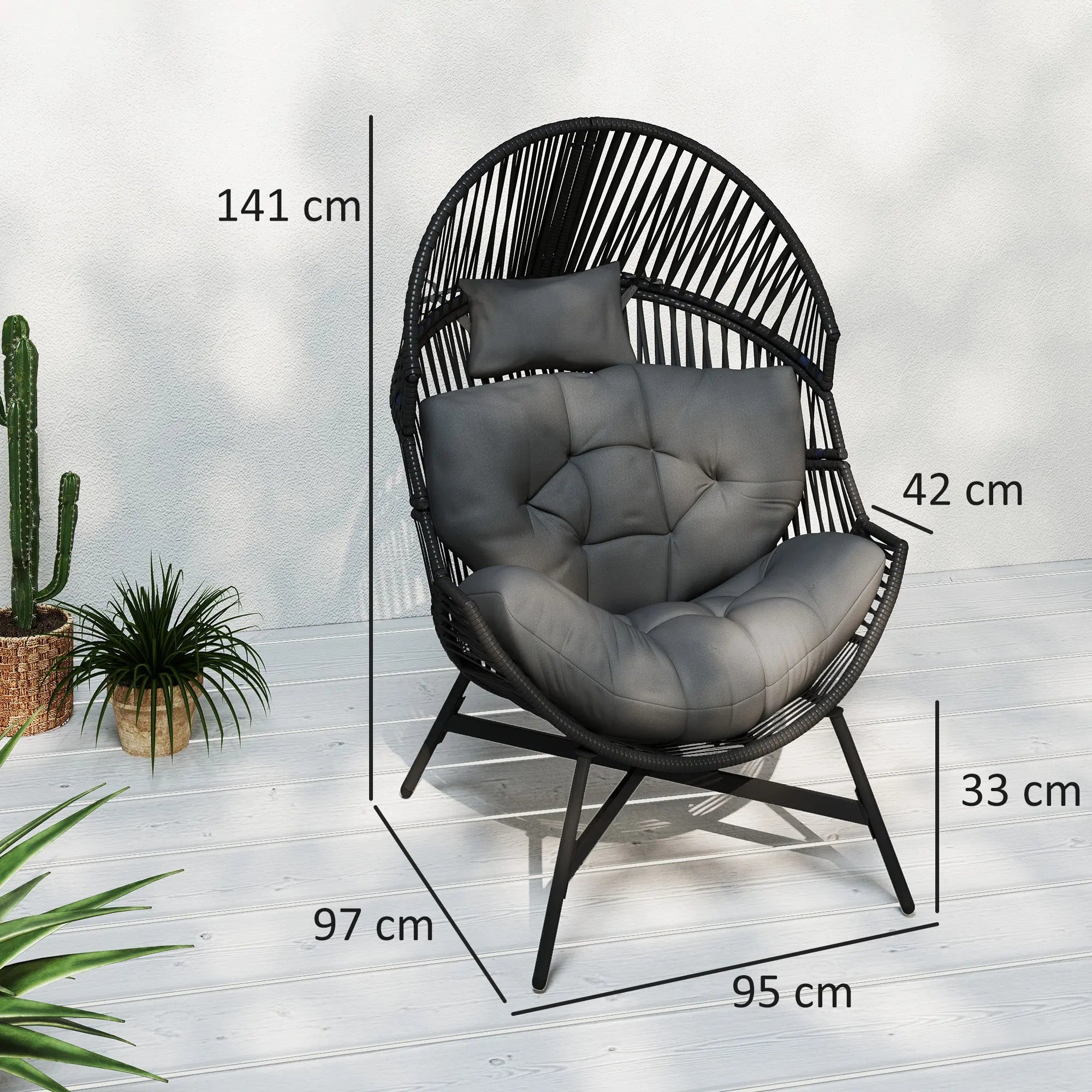 Outsunny Standing Rattan Egg Chair Outdoor, Oversized Wicker Garden Egg Chair with Thick Tufted Cushion, Headrest, Steel Frame, Charcoal Grey 