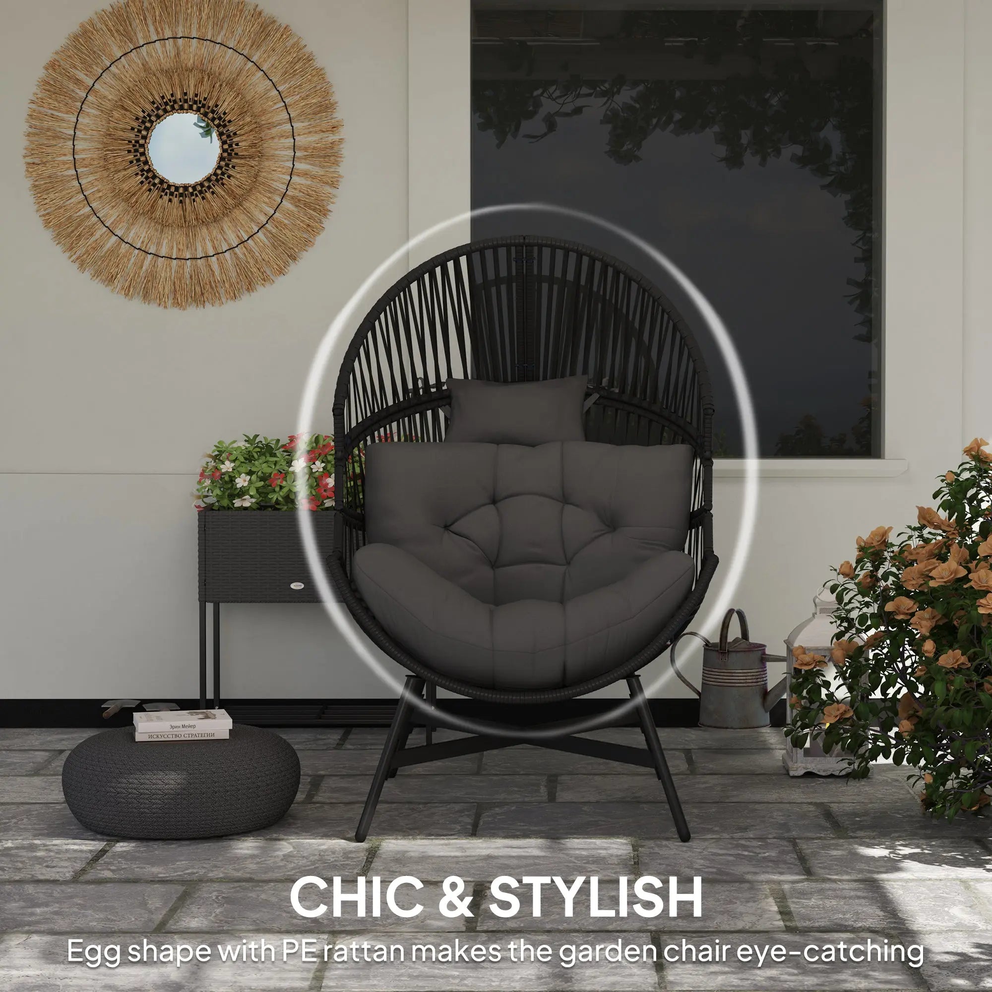 Outsunny Standing Rattan Egg Chair Outdoor, Oversized Wicker Garden Egg Chair with Thick Tufted Cushion, Headrest, Steel Frame, Charcoal Grey 