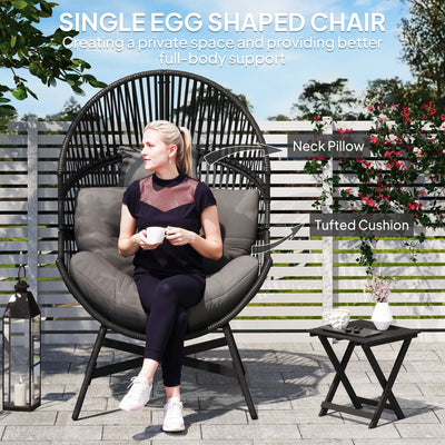 Outsunny Standing Rattan Egg Chair Outdoor, Oversized Wicker Garden Egg Chair with Thick Tufted Cushion, Headrest, Steel Frame, Charcoal Grey 