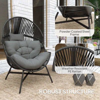 Outsunny Standing Rattan Egg Chair Outdoor, Oversized Wicker Garden Egg Chair with Thick Tufted Cushion, Headrest, Steel Frame, Charcoal Grey 